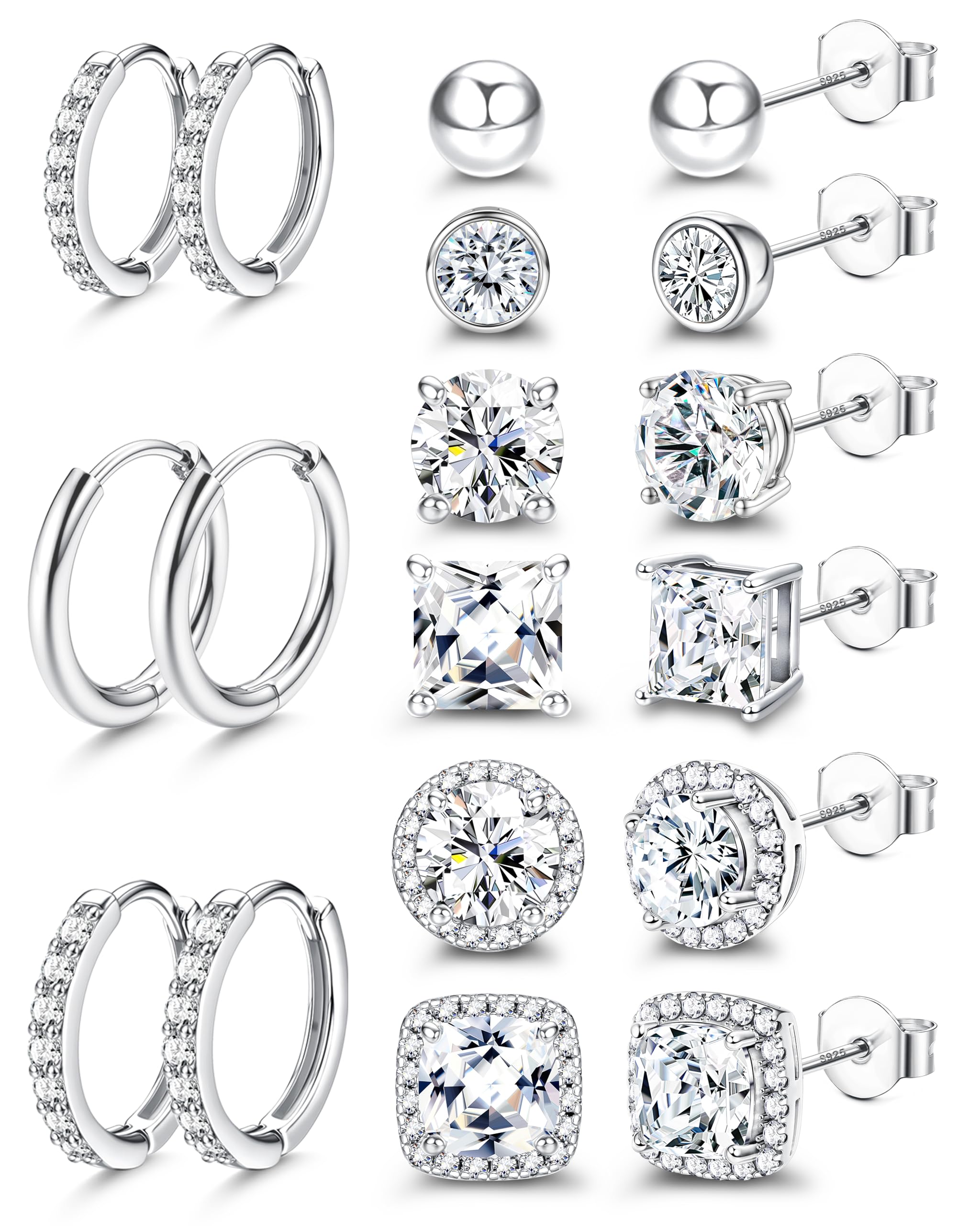 Cubic Zirconia Stud Earrings for Women Men S925 Sterling Silver Post - Hypoallergenic 18K Gold Plated Hoop Earring Big Round Square CZ Halo Studs Earrings for Sensitive Ears 18K White Gold Plated(cz hoop&cz stud)