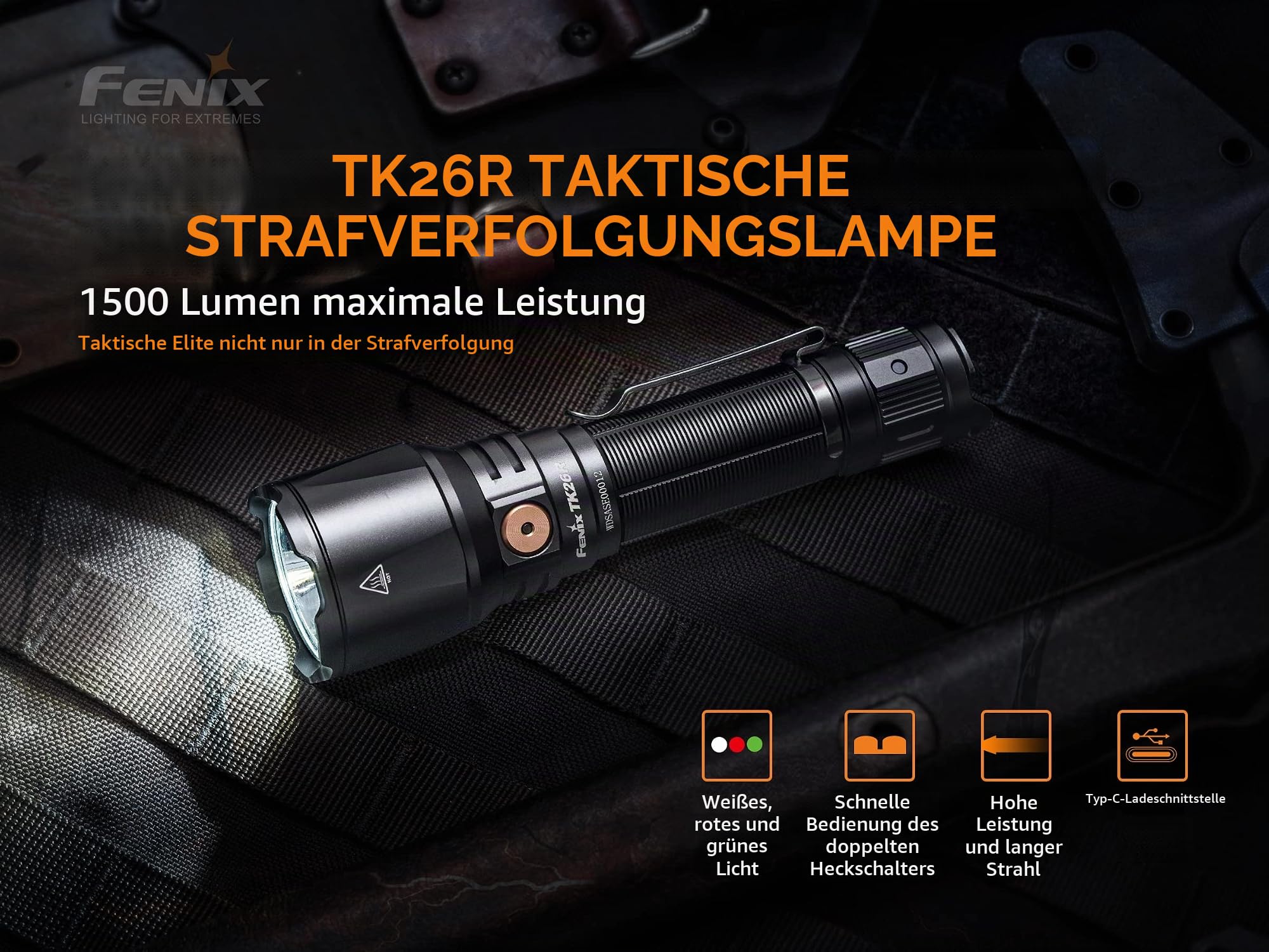 Fenix TK26R Tactical Law Enforcement Flashlight, superhelle taktische Taschenlampe, LED-Taschenlampe, 1500 Lumen, 350 Meter Reichweite, Strobe-Funktion