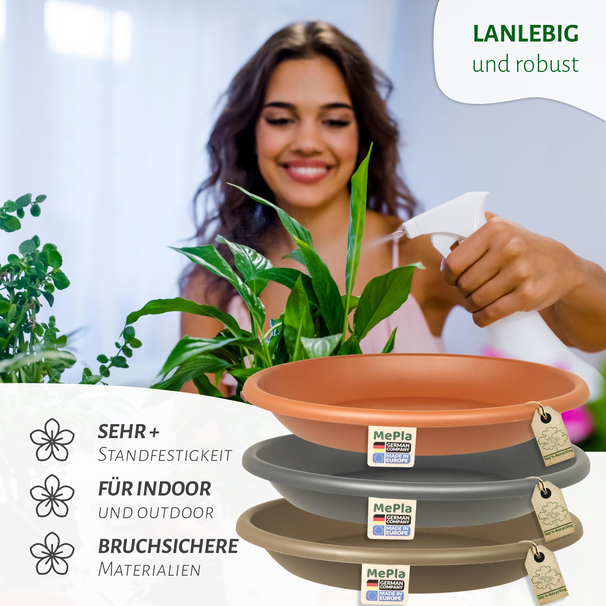 MePla Lot de 3 pots de fleurs Cylindro de 60 cm de diamètre + soucoupe de 58 cm de diamètre, taupe, résistant aux intempéries, en plastique résistant aux UV