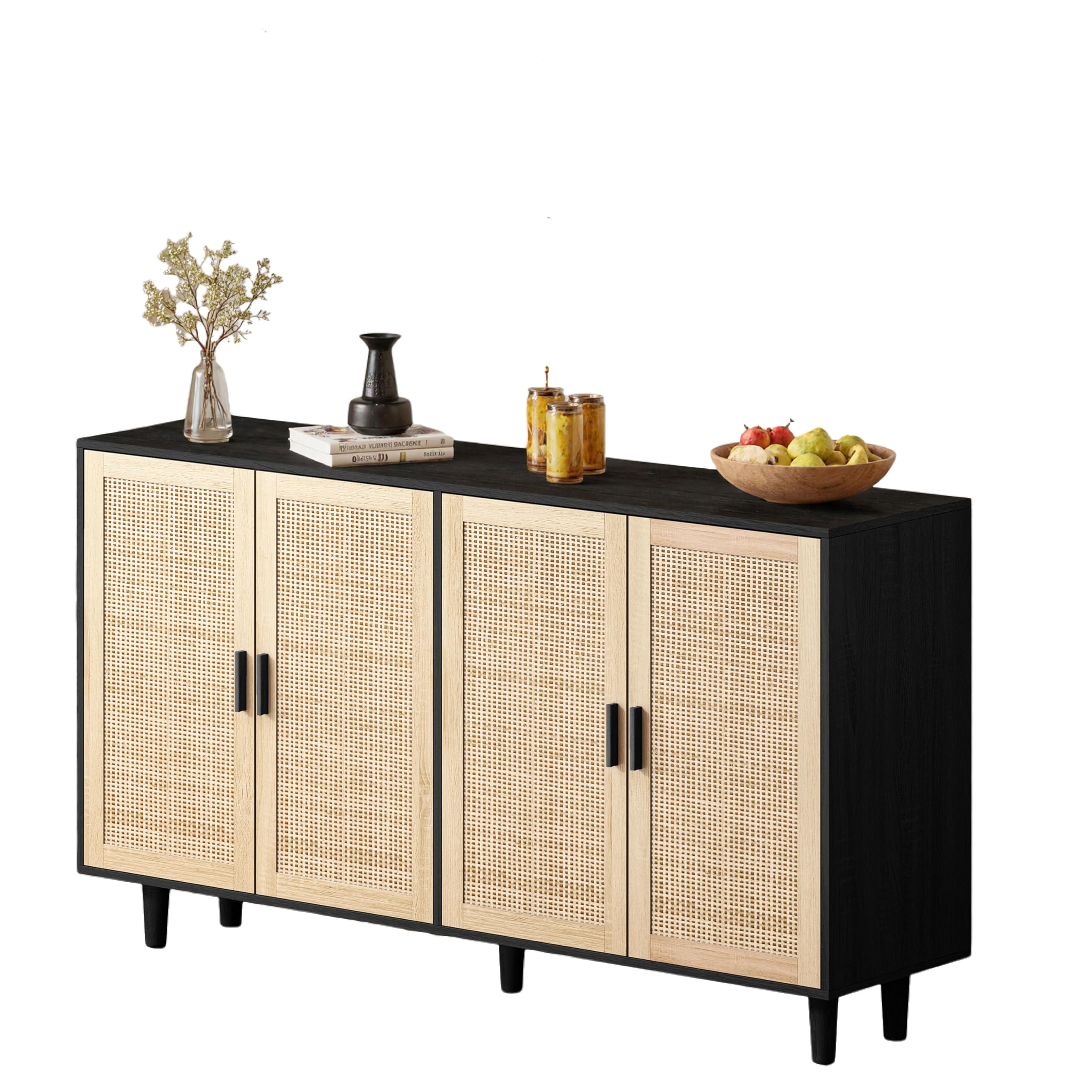 158CM Elegant and Functional 4-Door Rattan Decorative Storage Cabinet,for Bedroom,Living Room,Office,Black;158CM Eleganter und funktioneller 4-türiger Rattan Schrank für Schlafzimmer, Wohnzimme