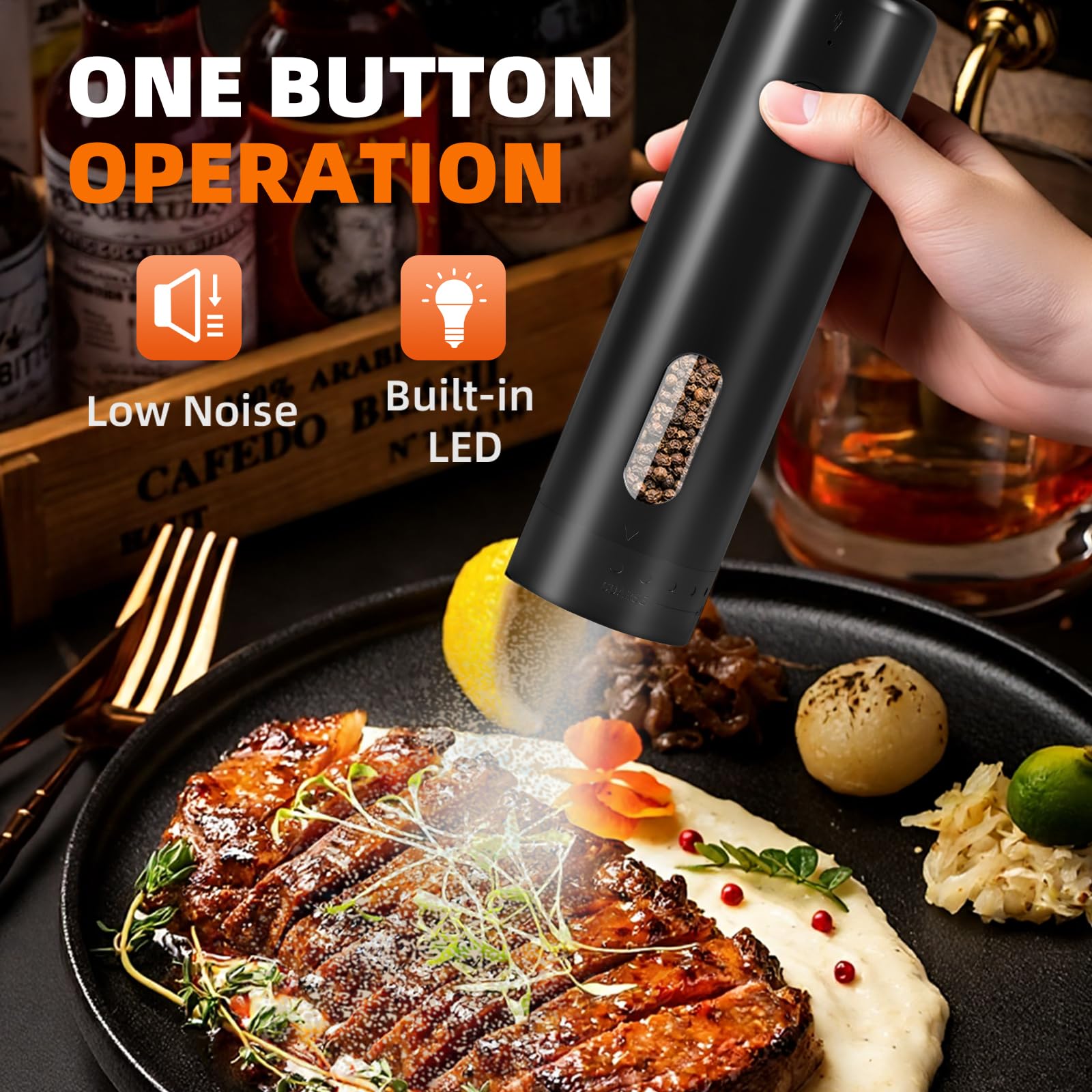 Molinillo Pimienta Eléctrico Set con Estación de Carga, Saleros de Cocina, Capacidad de 110ml, Molinillo de Sal Recargable con 5 Niveles de Ajuste, Molinillo de Cerámica con Cepillo