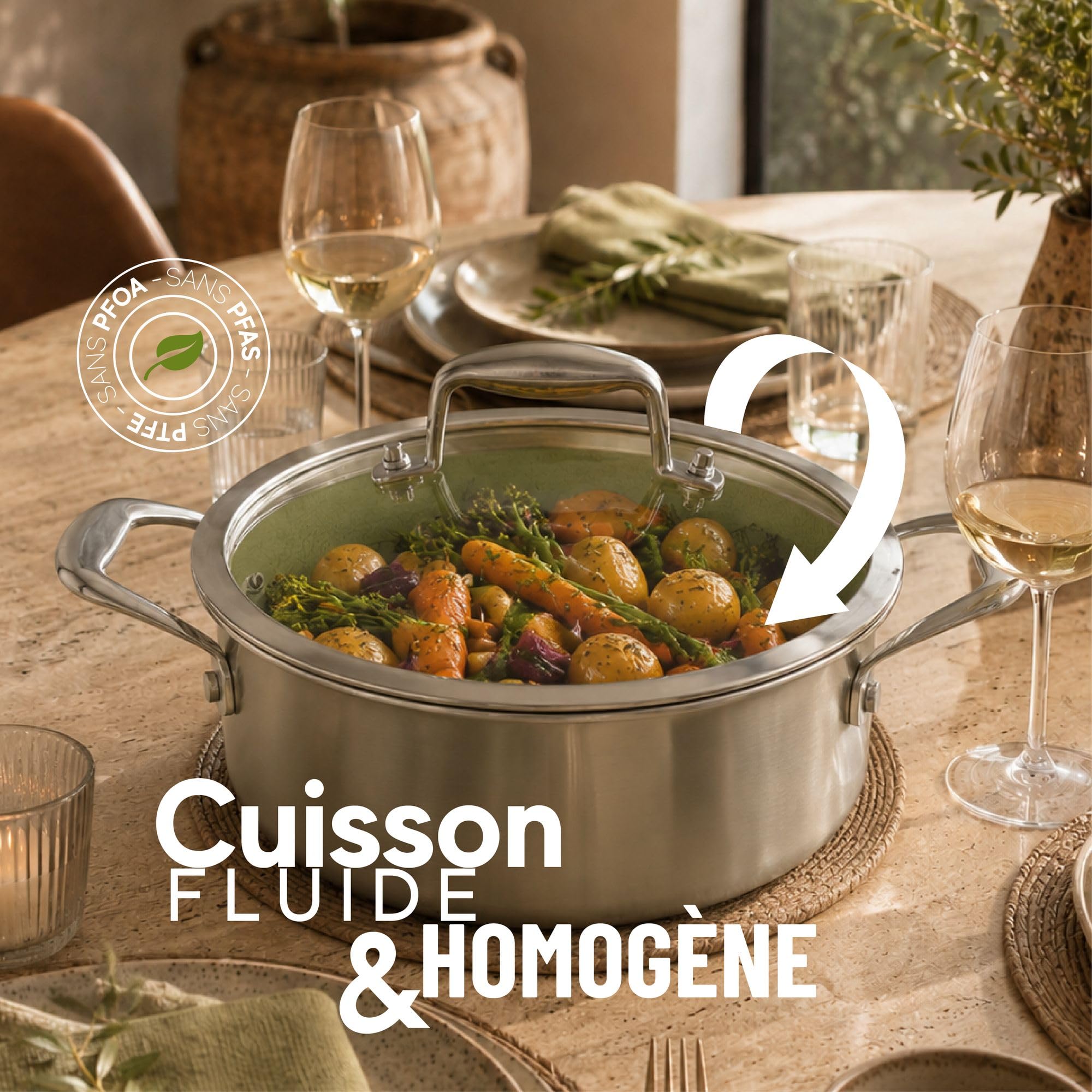 MENASTYL - Faitout 24 cm Aglaé en inox triply - Revêtement antiadhésif céramique nid d'abeille sans PFAS - Tous feux induction - Vert sauge - Four et lave-vaisselle - Sans PTFE/PFOA - Haute résistance