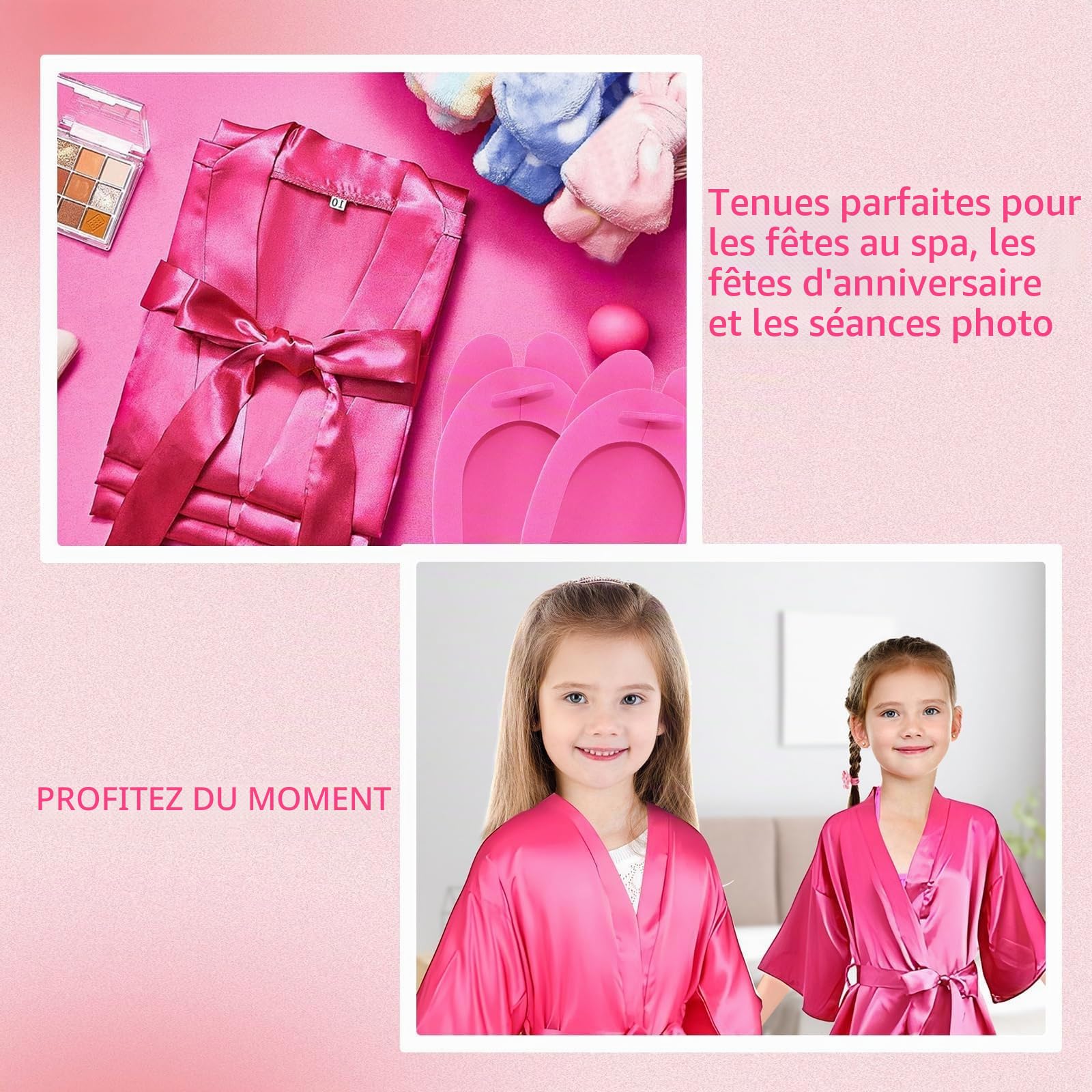 MSYU Lot de 30 fournitures de fête spa pour filles, 6 peignoirs en satin, 6 pantoufles pour enfants, soirée pyjama, fête d'anniversaire, spa – Étiquette de taille 8, rose rouge, rose