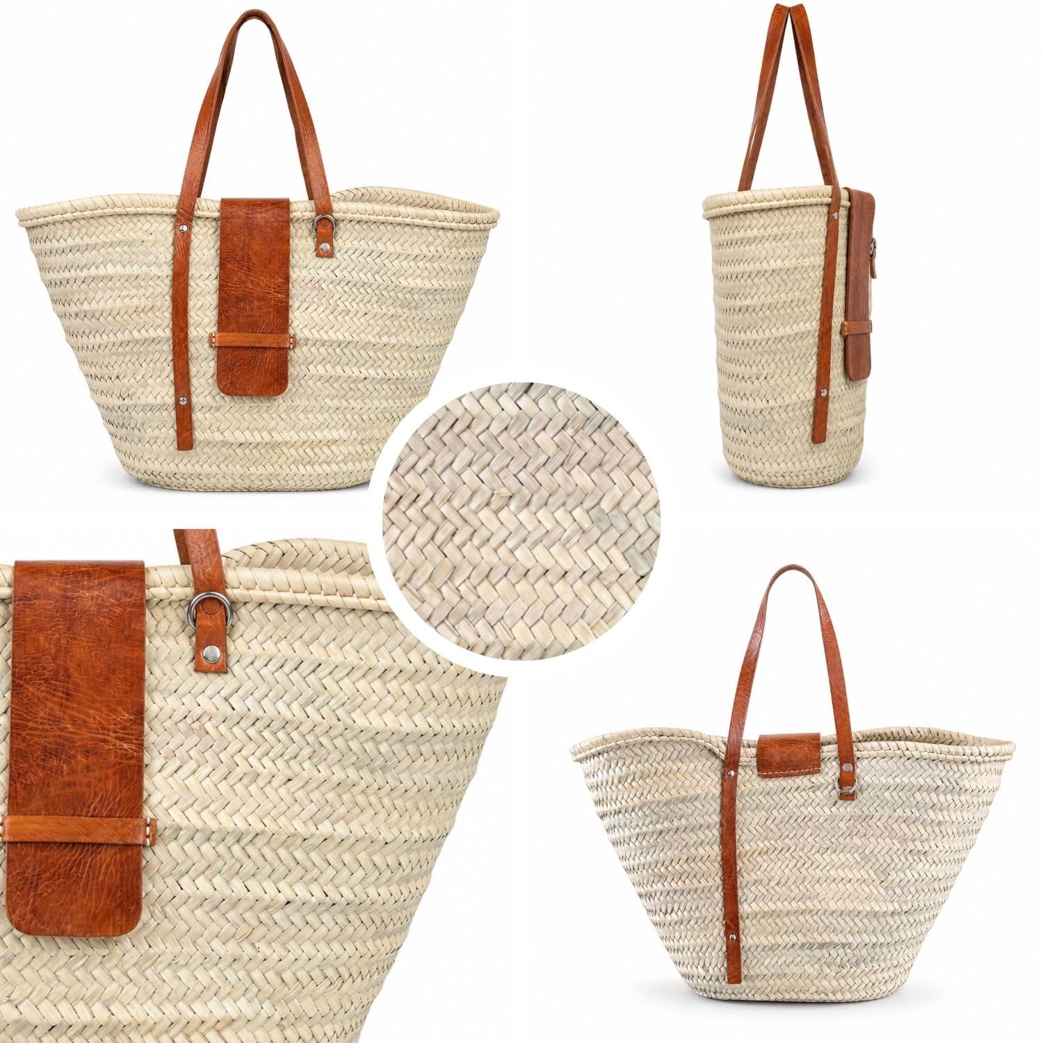 Ibiza Birdie - Bolso de mimbre (55 cm), diseño de hoja de palma y piel natural