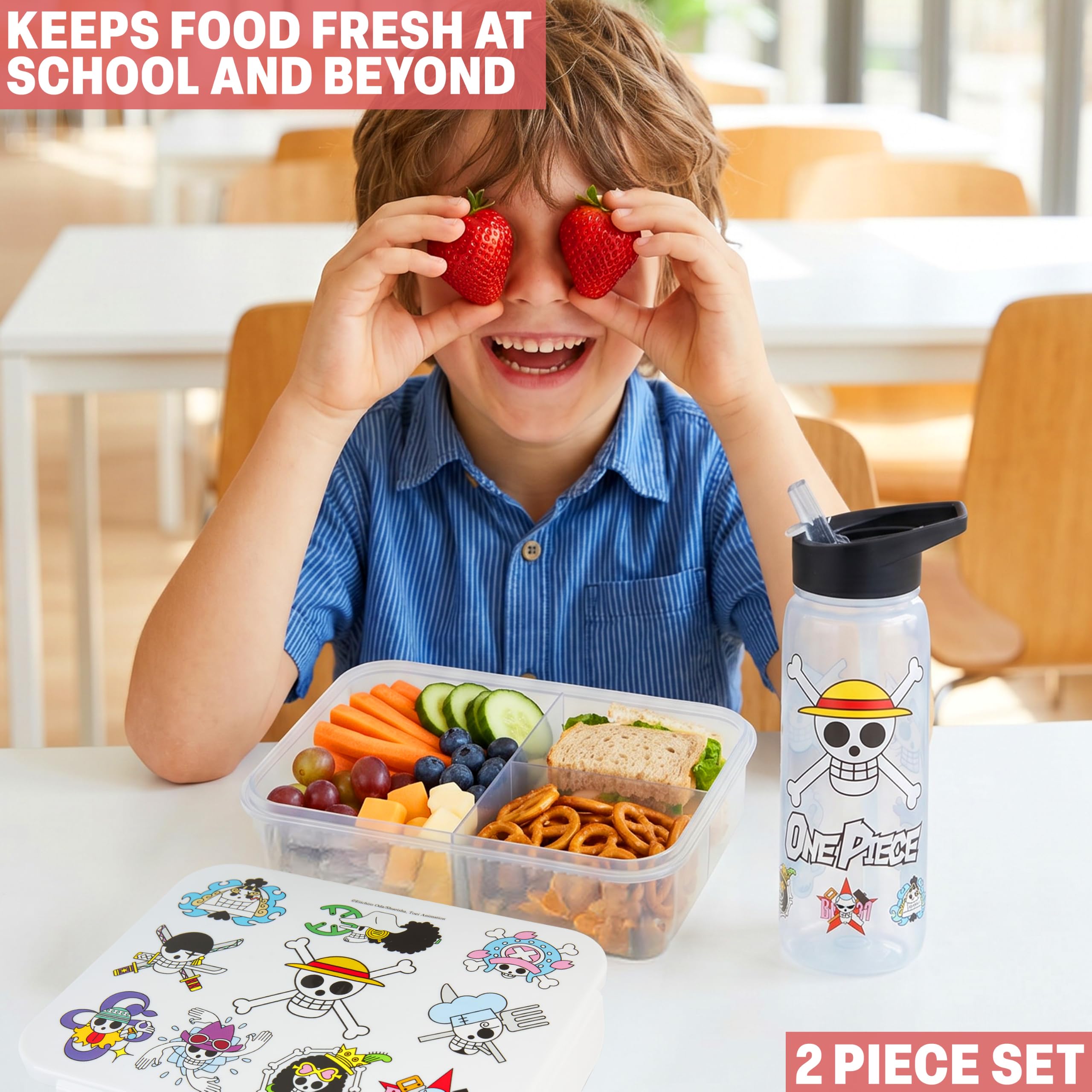 Get Trend One Piece Personaggi Porta Pranzo Bambini, Set 2 Pezzi con Senza BPA Bento Box 3 Scomparti e Borraccia Coperchio Apribile con Cannuccia 580 ml Scuola Idea Regalo (Multi One Piece)