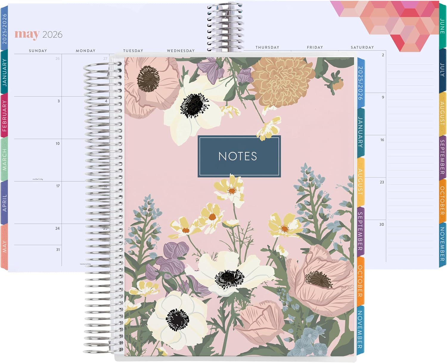 8.5x11 Coiled Monthly Planner (January 2026 - December 2026) - Bouquet classic cover, Hexagon theme, platinum coil