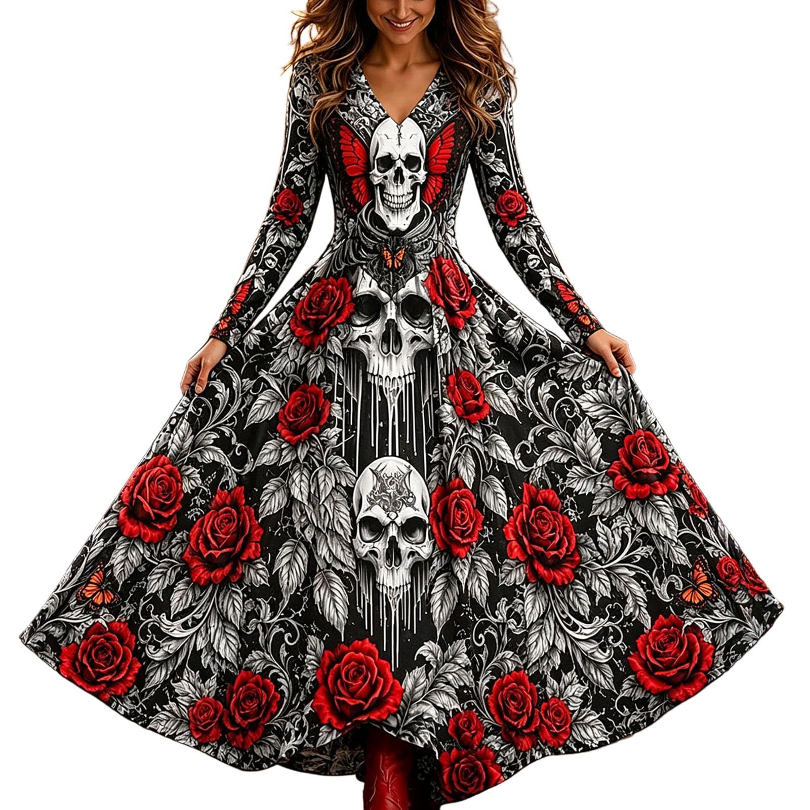 Skeleton Dress Long Sleeve V Neck Maxi Halloween Dresses N Spooky Skull Rose Gothic Festival Party Outfit Plus Size Halloween Costumes for Women — image 1