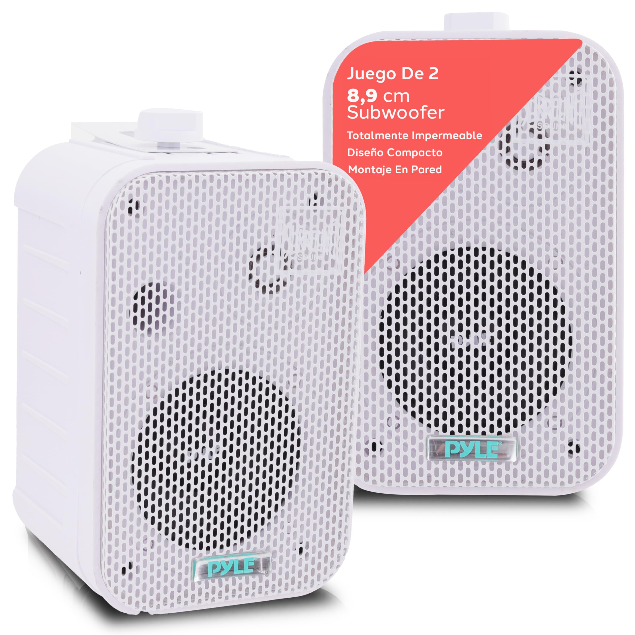 Pyle par de Altavoces Marinos, Woofer de 3.5”, Tweeter 1, Potencia de 300V Montaje en Pared, Techo, Interiores, Exteriores