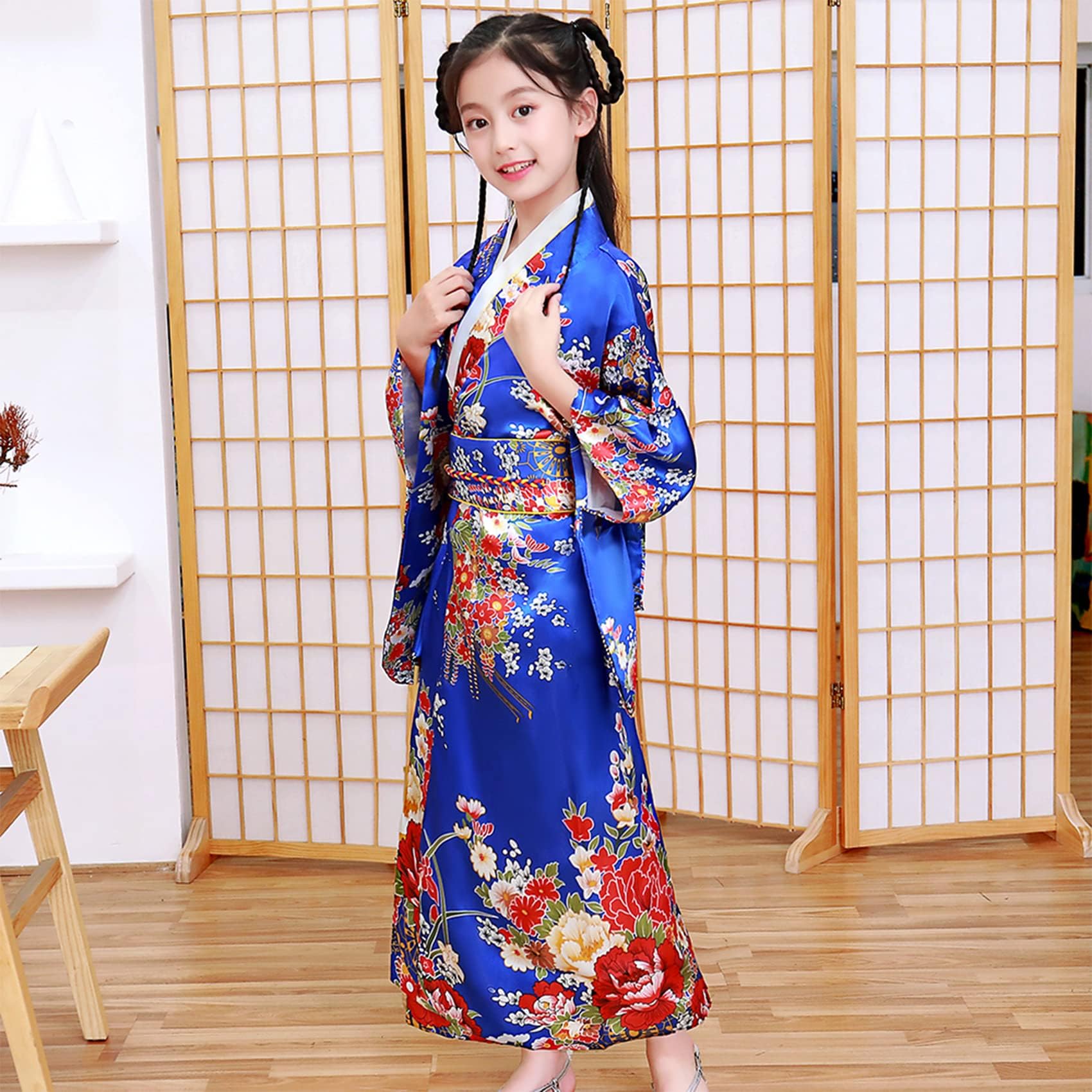 Kimono Japonais pour Filles,Robe Yukata Japonaise,Robe Kimono Satin pour les Enfants,Robe de Soirée de Jeu de Rôle Anime pour les Filles avec Eventail Pliant et Chaussettes Tabi