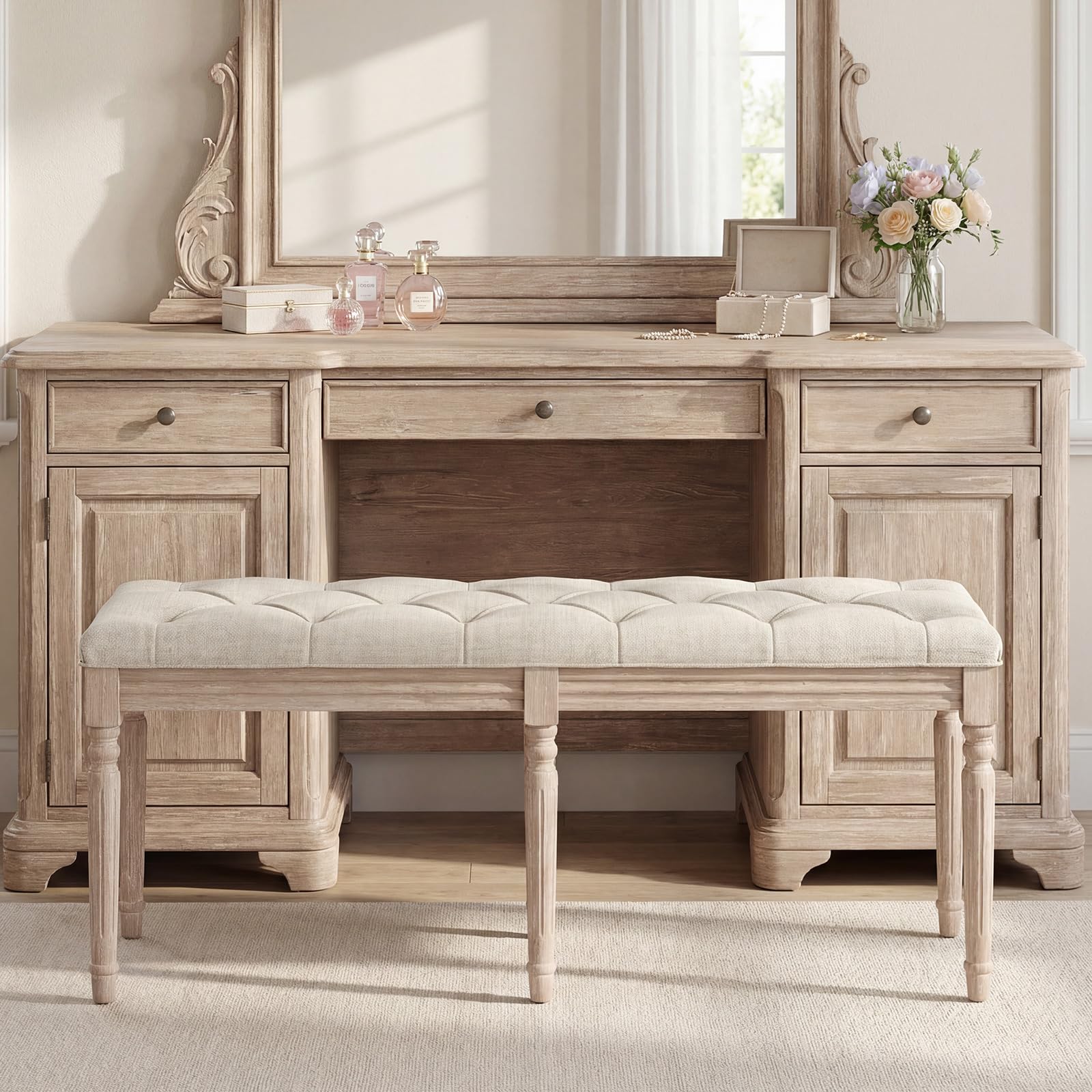 Giantex 47.5-inches Upholstered Dining Bench, Button-Tufted Table Bench with Carved Rubber Wood Legs, Padded Seat, Load 440Lbs, Vintage End of Bed Ottoman for Entryway, Living Room, Bedroom (1,Beige)