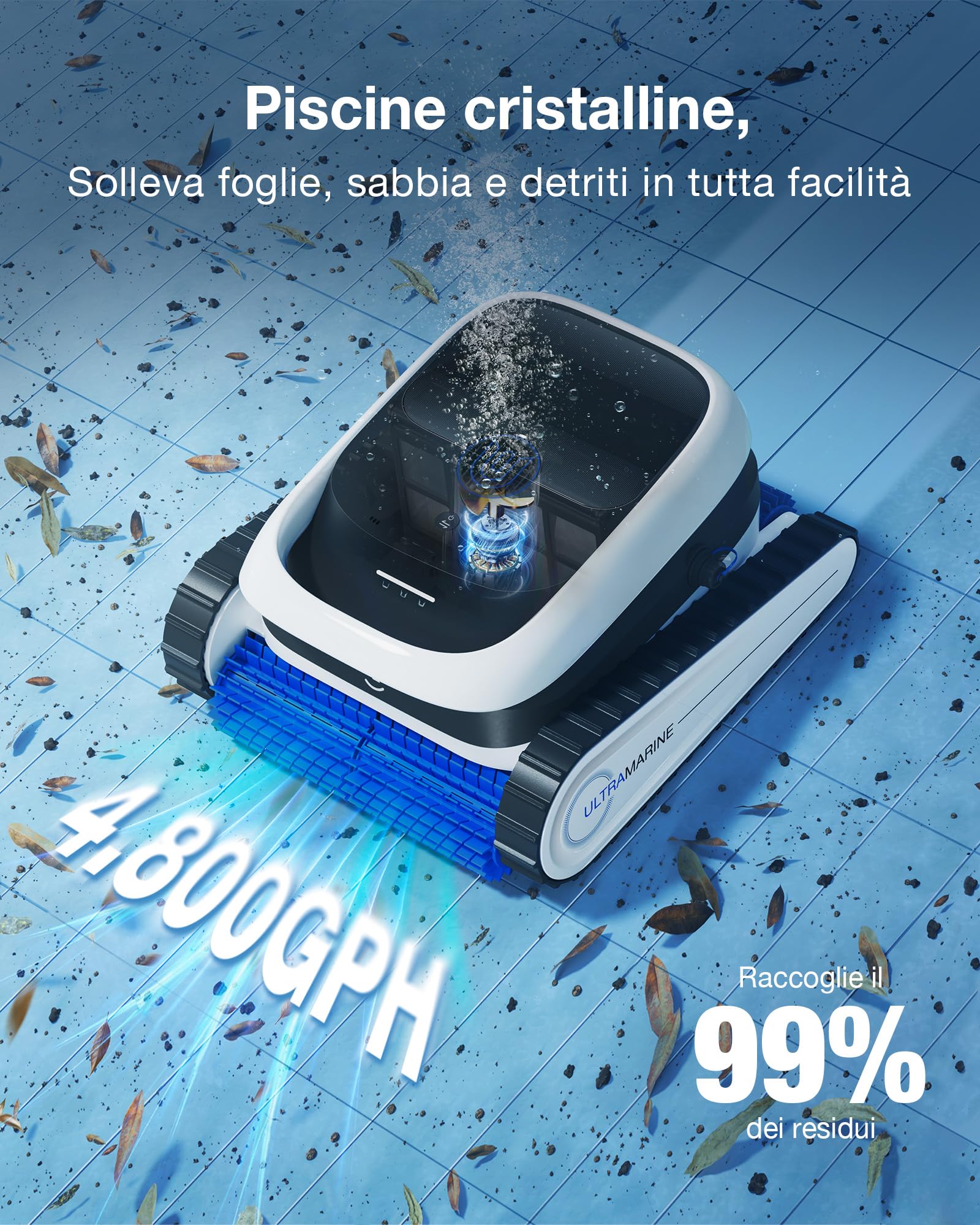 ECOVACS Ultramarine P1 Robot Pulitore Piscine Aspirazione Potenza 4800GPH | Durata batteria: 180 min, Fino a 180 m², Filtro Doppio Strato, Navigazione Intelligente SmartNavi, Controllo con App