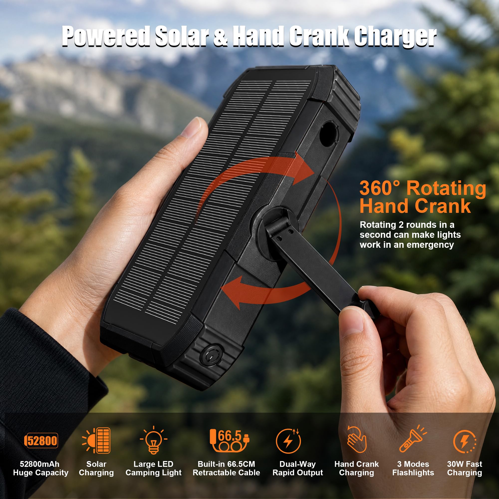 52800mAh Power Bank Solare 30W PD Caricabatterie Portatile a Manovella con Cavo Retrattile e Adattatore Lightning, 4 Uscite, Luce LED, Bussola Batteria Esterna per Campeggio ed Emergenza