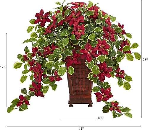 Miniatura 2 de Nearly Natural Planta artificial de flor de pascua y acebo abigarrado de 25 pulgadas en maceta (tacto real) Rojo,Blanco