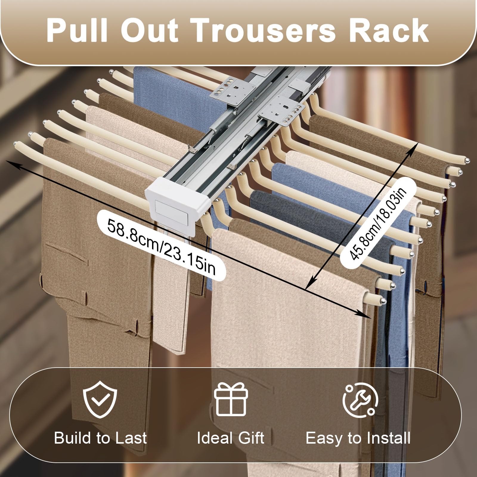 Pull Out Trousers Rack 22 Arms Steel Pull Out Pants Rack Pants Hanger Bar, Closet Organizer Pants Rack, Pants Hangers Space Saving for Displaying and Storing Towels, Scarves, Beige, 23.15 x 18.03inch