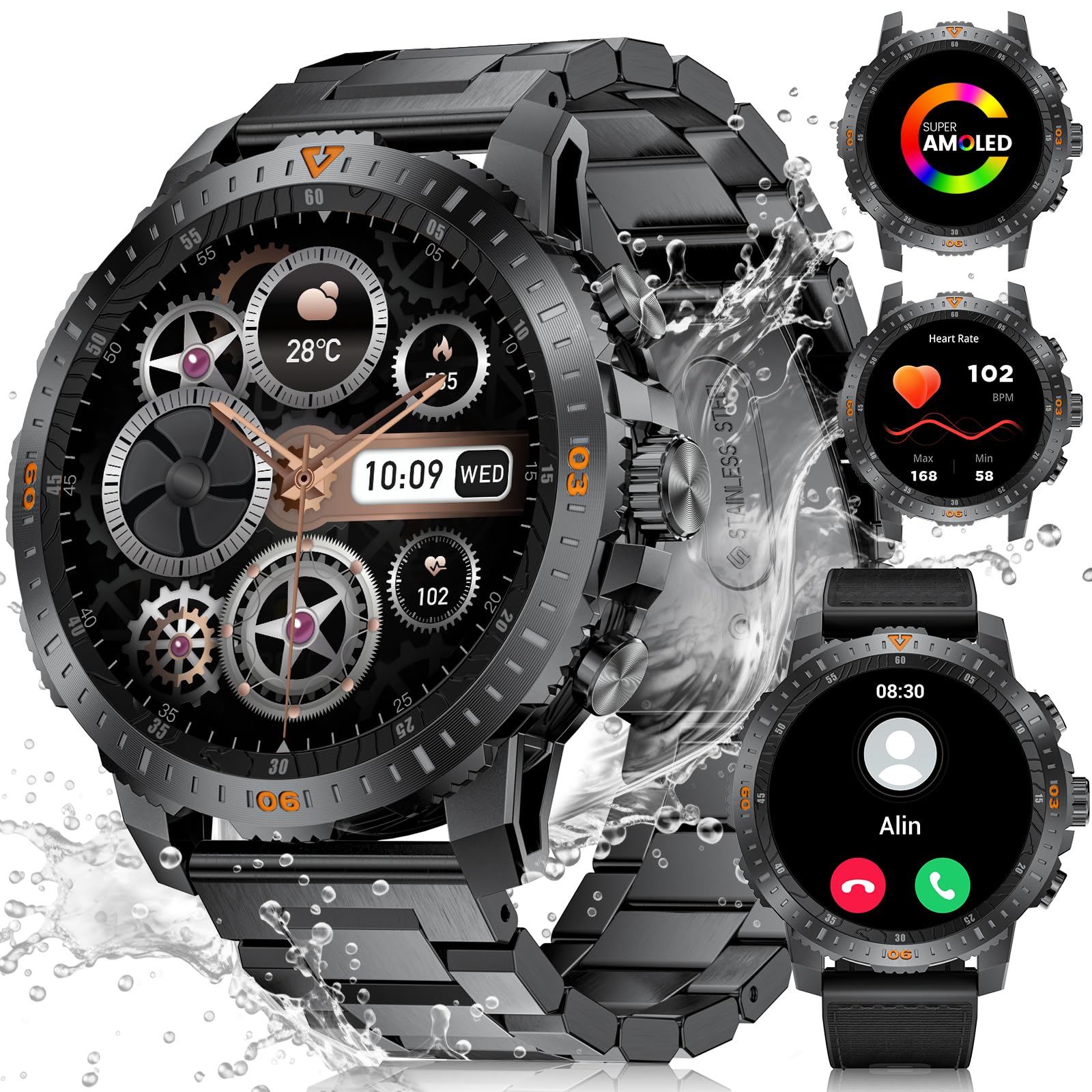 LIGE Smartwatch Uomo Militare,1.43” AMOLED/500mAh Orologio Smartwatch con Chiamata Bluetooth/Cardiofrequenzimetro SpO2,IP68 Impermeabile 100+ Modalità Sportive Smart Watch per Android iOS
