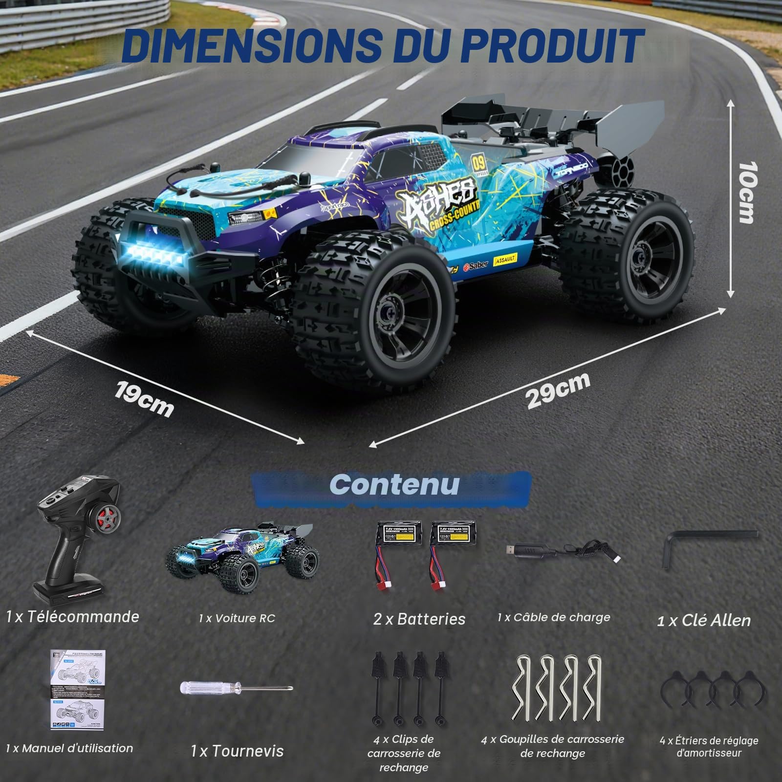 Voiture Télécommandée pour Adultes 1:18, RC Auto 2,4 GHz 4WD 40km/h, RC Car Offroad Sans Balais avec 2X 1500mAh Batteries & Moteur RC380: RC Buggy pour l'extérieur à partir de 14 ans