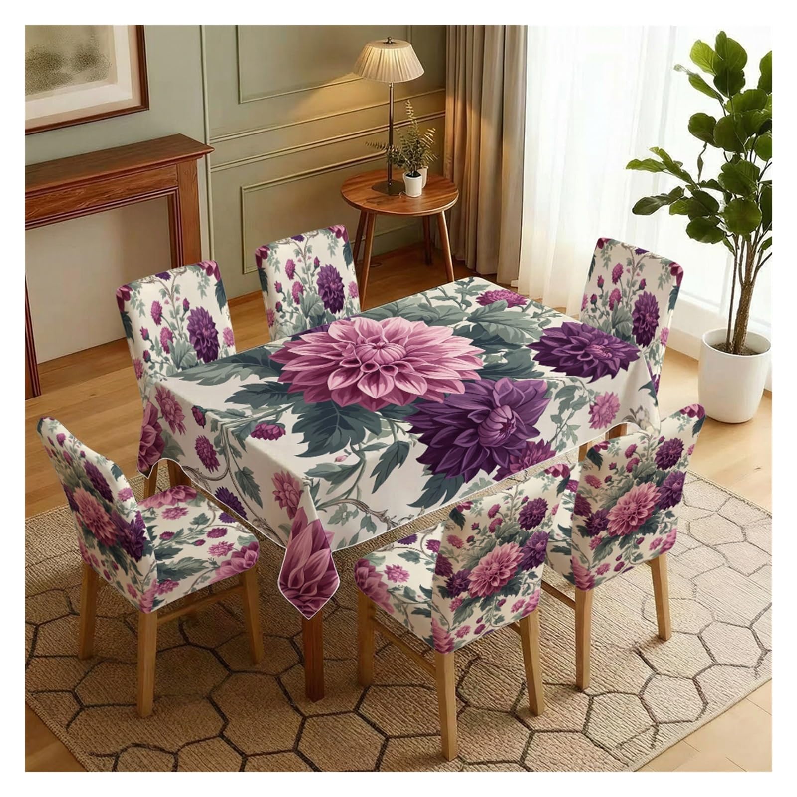 BOSUYBN Vintage Dahlia Peony Floral Printed Dining Tablecloth & Chair Covers Set, 5/7 Piece Elegant Farmhouse Cottage Home Decor Table Setting(7pcs Set: Tablecloth+Chair Covers)