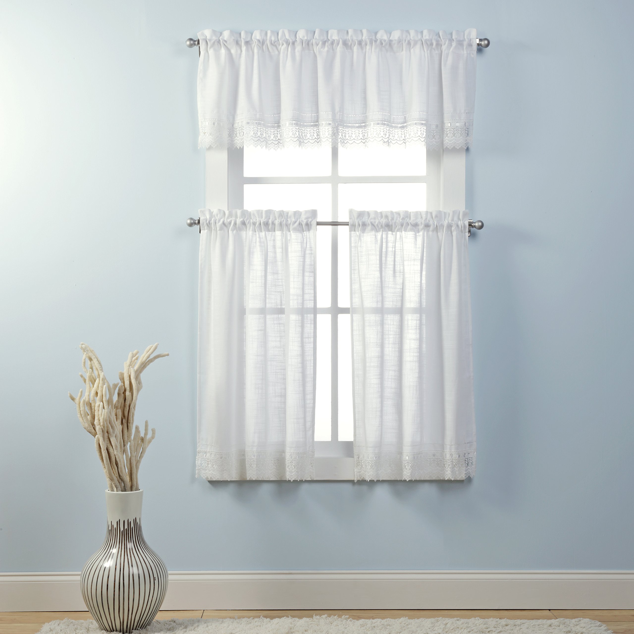 Renaissance Home Fashion Stylemaster Home Products Sophia Tier Pair with Macrame Band, 56 by 36-Inch, White