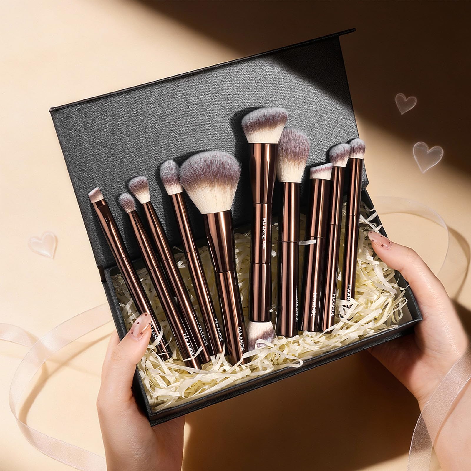 MAANGE 10 Pcs Travel Makeup Brush Set with Magnetic case, Premium Synthetic Short Handle Brushes for Foundation, Powder, Concealer, Eye Shadows, Makeup Brush Tools Set (Coffee Brown) - 3