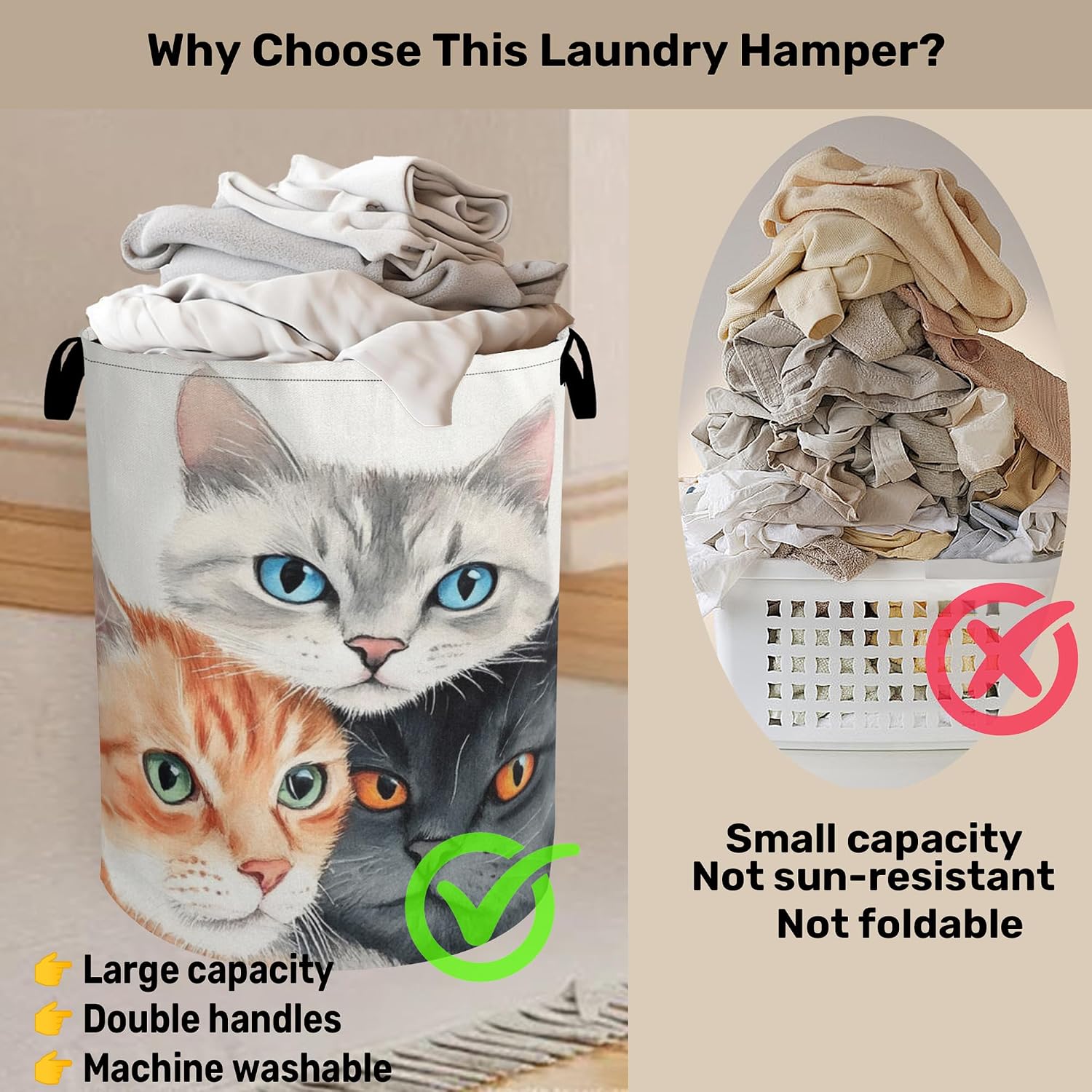 Cat Laundry Basket - Laundry Basket with Handles, Dirty Clothes Storage Basket for Women Girls, Cloth Storage Basket for Bedroom, Bathroom image 3