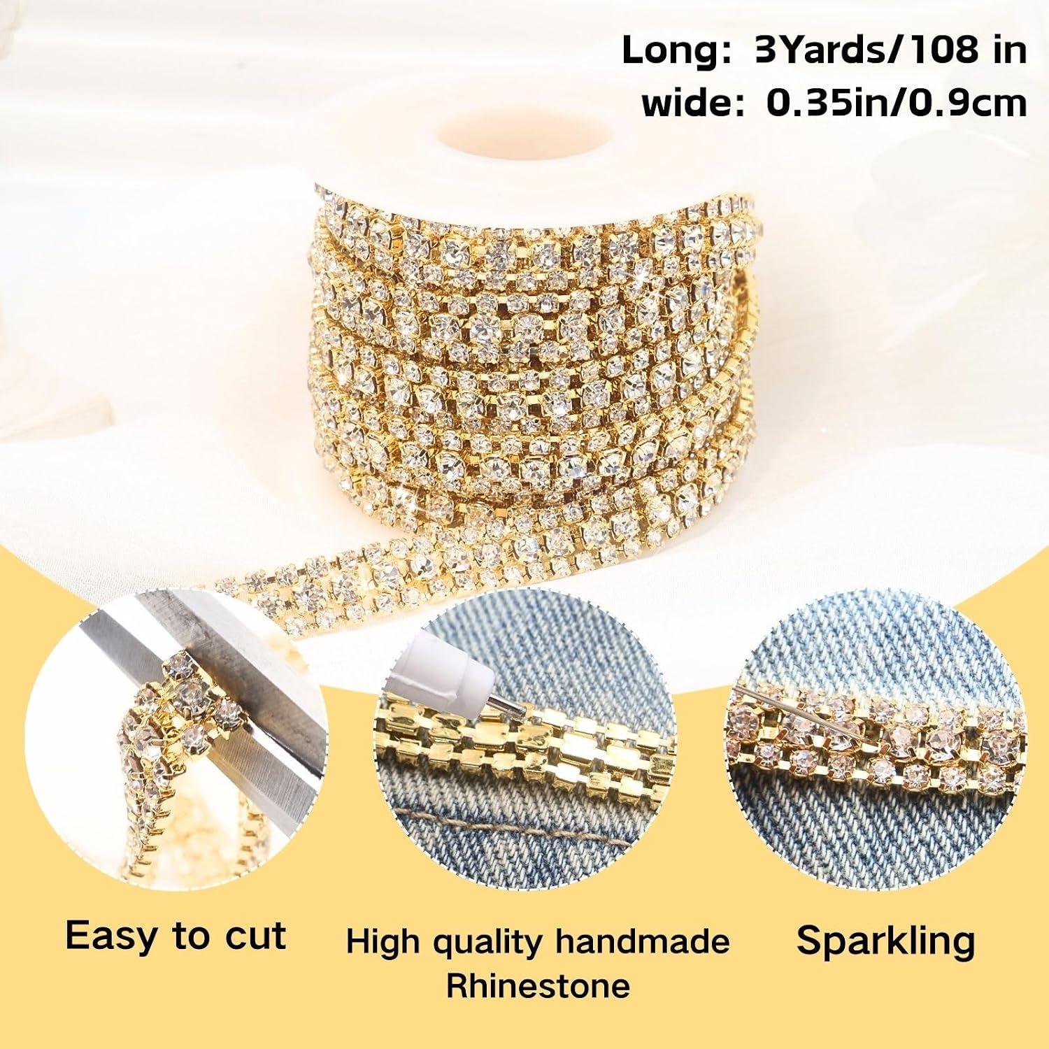 Bijou Joon 3 Yards 3 Rows Gold White Crystal Rhinestone Chain Trim for Crafts, Rolls and Colors Bling Close Embellishments for Jewelry Making, Wedding Cake