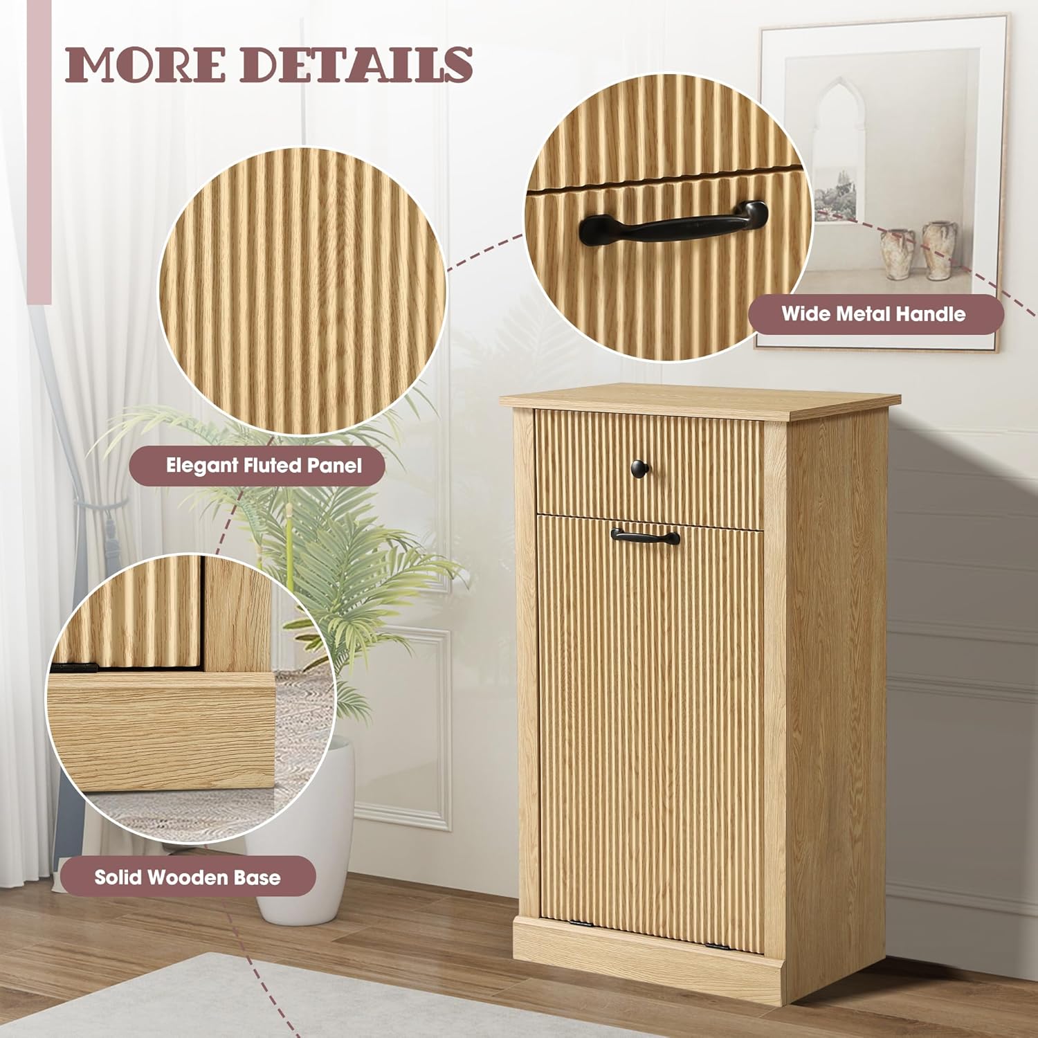 Modern Tilt Out Laundry Hamper Cabinet, Fluted Hidden Garbage Cabinet with Laundry Storage Basket, Wooden Trash Can Cabinets with Drawer (Natural Oak, 13"D x 21"W x 36"H (Single))