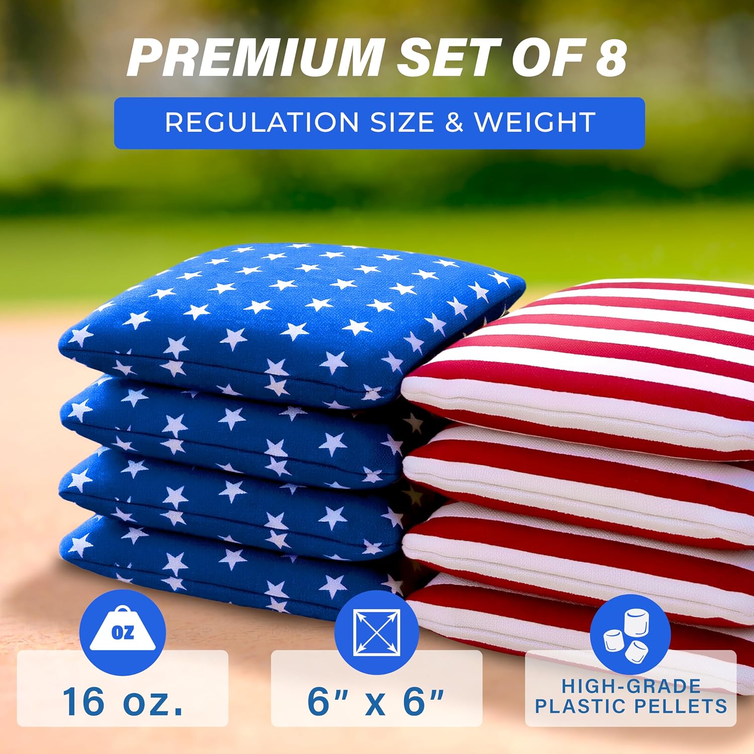 GoSports Official Regulation Cornhole Bean Bags Set of 8 – for Competitive Cornhole Games - All Weather - American Stars and Stripes or Red and Blue image 2