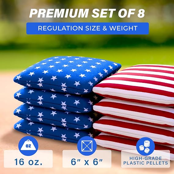 GoSports Official Regulation Cornhole Bean Bags Set of 8 for Competitive Cornhole Games - All Weather - American Stars and Stripes or Red and Blue