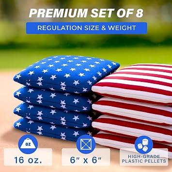 GoSports Official Regulation Cornhole Bean Bags Set of 8 for Competitive Cornhole Games - All Weather - American Stars and Stripes or Red and Blue