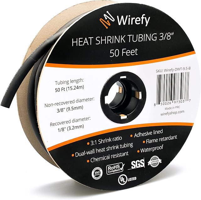 Wirefy 3/8" Heat Shrink Tubing - 3:1 Ratio - Adhesive Lined - Marine Grade Heat Shrink - Black - 50 Feet Roll