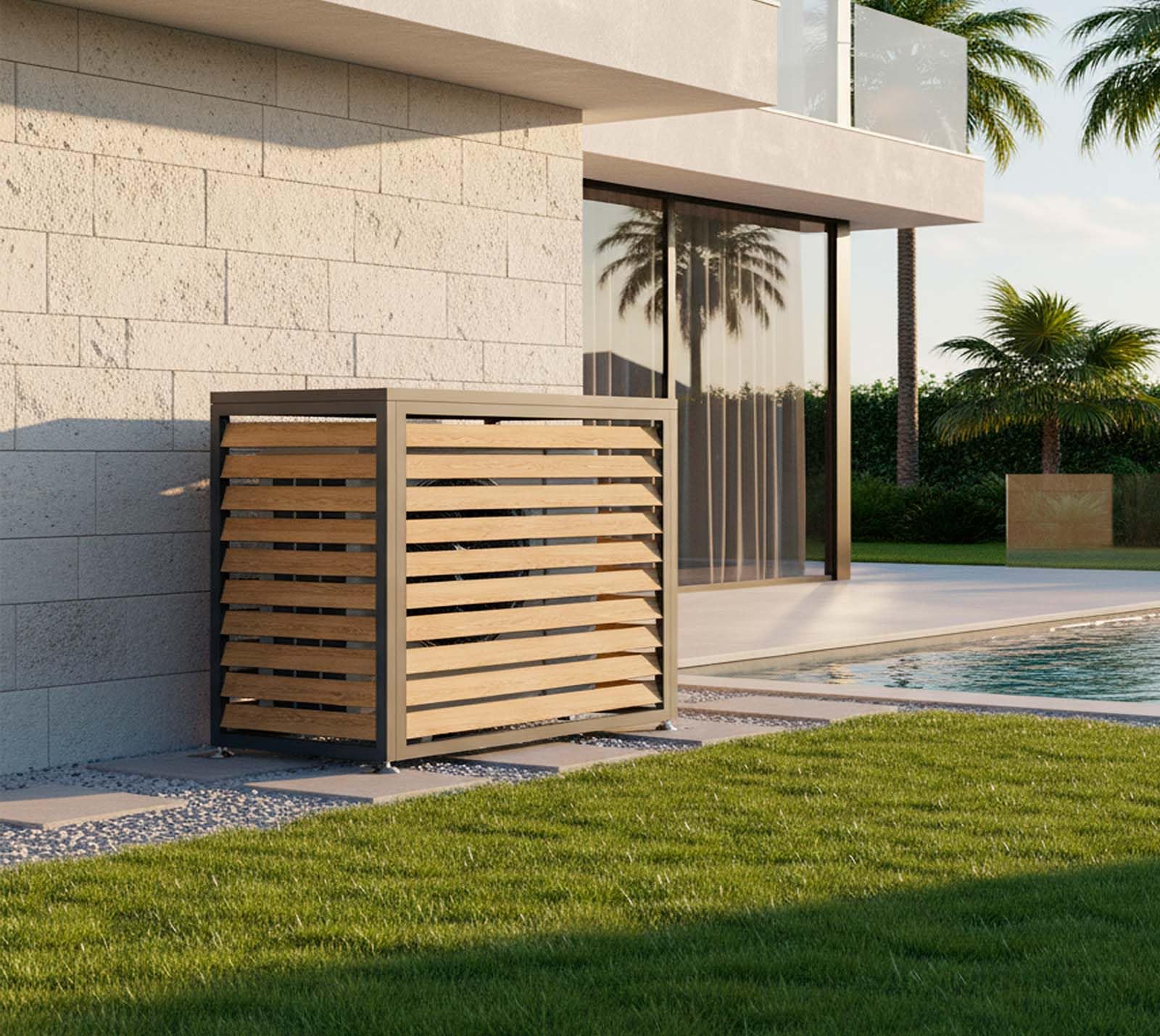 Westmann Boxa S | Wärmepumpen Verkleidung & Klimaanlagen Abdeckung | Stahl Holzoptik Anthrazit | Höhenverstellbar | 100x56x97 cm