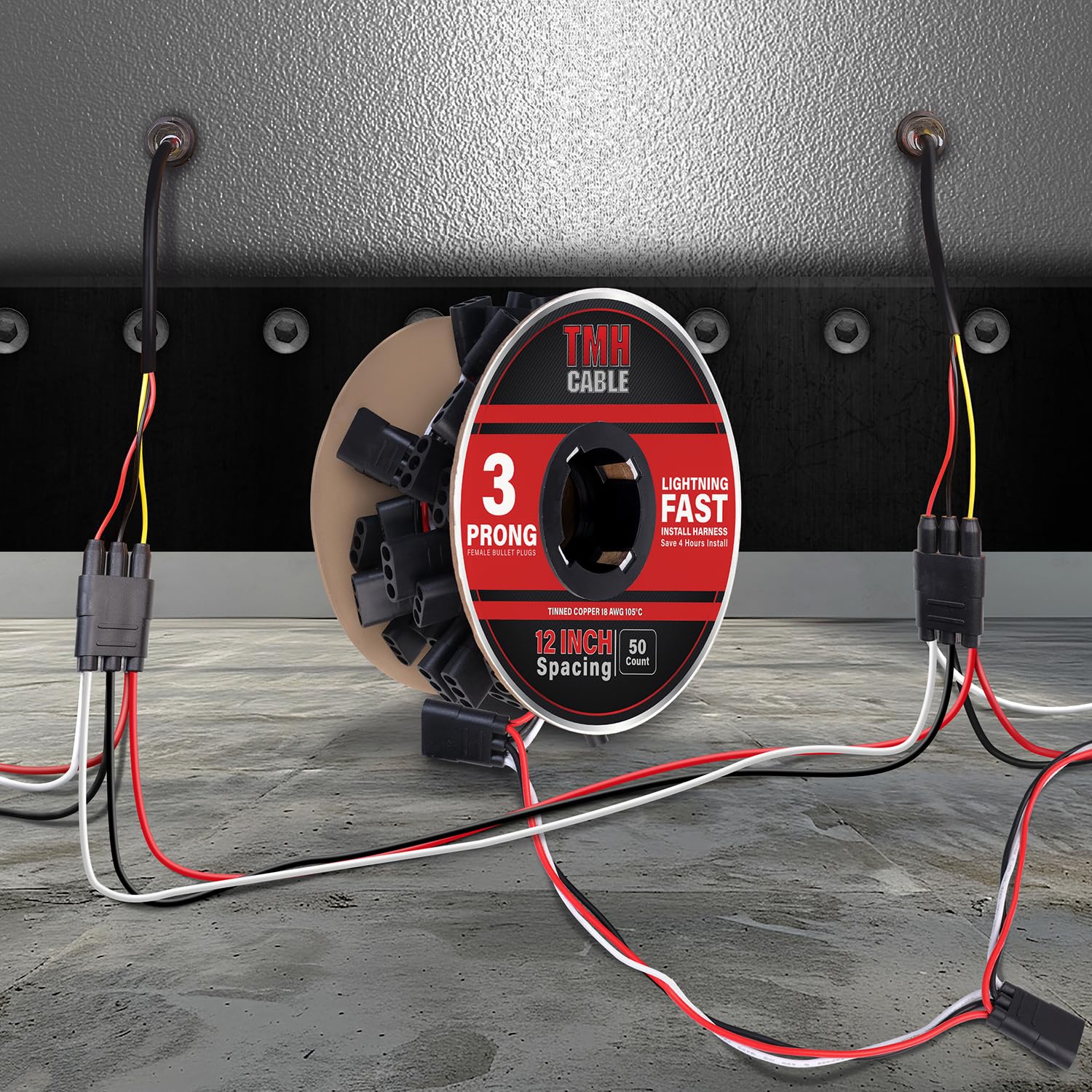 TMH 50 Count of “3-Prong Female” Wire Harness Roll 18 Gauge - 12" Spacing Extra Long, Triple Female Bullet Plug for LED Marker Clearance Lights Quick Hassle-Free Installation