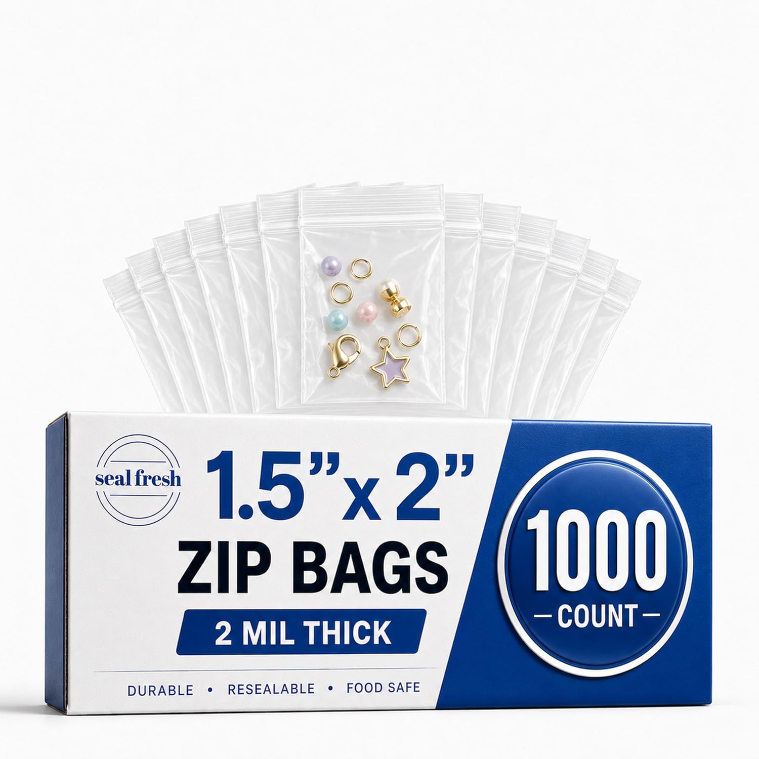 Seal Fresh 1.5 x 2 Inch Resealable Plastic Bags 1000 Pack — Clear Reclosable Mini Bags with Zipper Seal for Jewelry, Beads, Small Parts, Crafts, Hardware