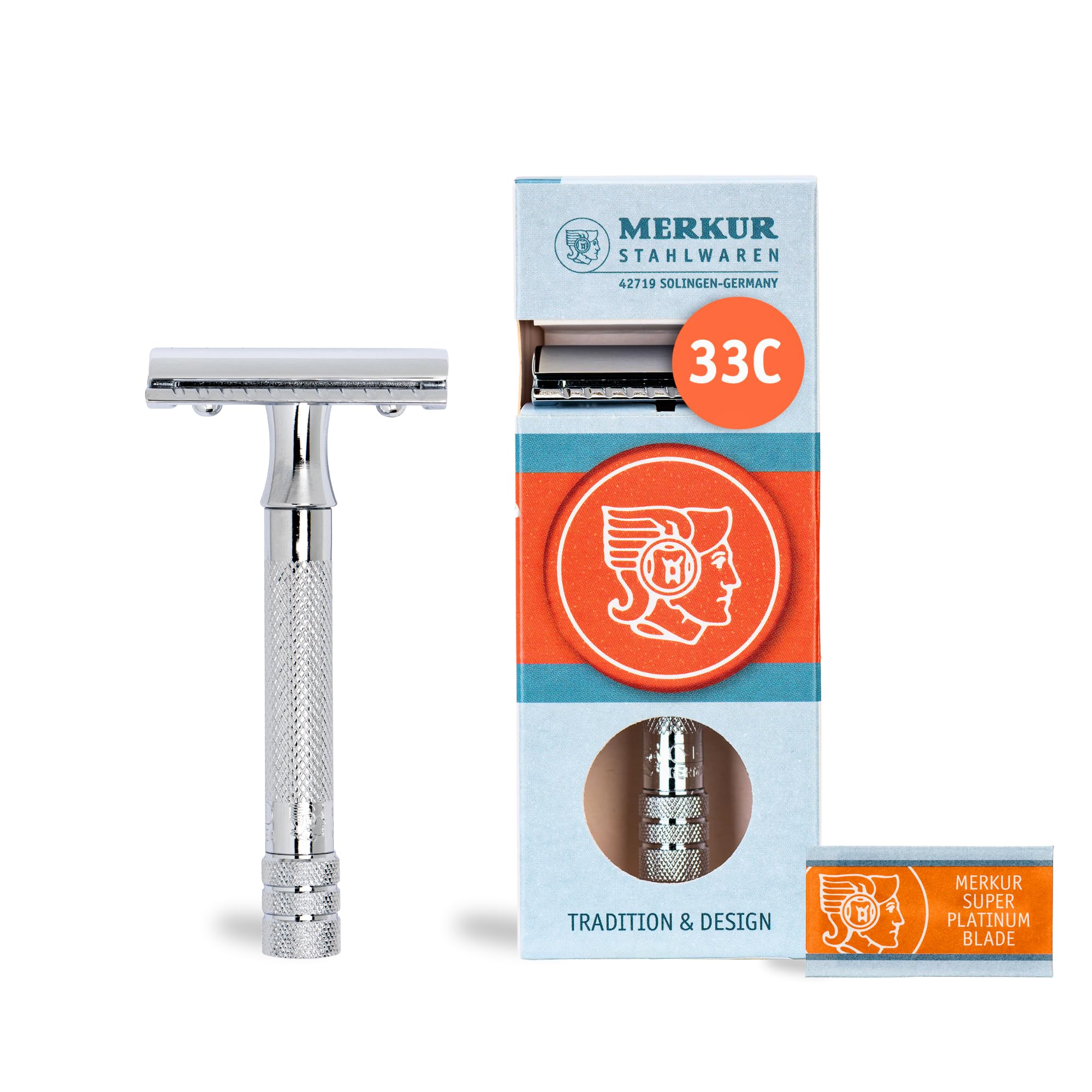MERKUR Maquinilla de afeitar clásica cromada brillante 33C, de tres piezas con corte recto, peine cerrado, ideal para afeitado en húmedo, zinc fundido a presión, mango de latón, fabricado en Alemania
