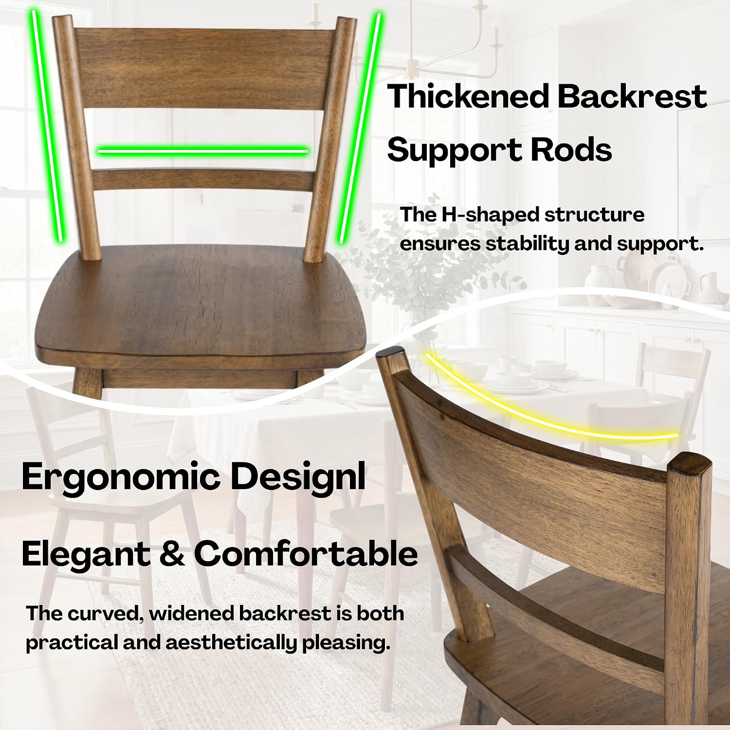 CIMOTA Bronw Dining Chairs Set of 2, Farmhouse Wood Dining Chairs Ladder Back Kitchen Chairs, Windsor Dining Chairs for Kitchen and Dining Room, Bronw