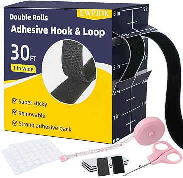 EWPJDK 30Ft x 1 in Velcro Strips with Adhesive, Hook and Loop Strips with Adhesive, Double Rolls of Heavy Duty Interlocking Tape Fasteners Double-Sided Tape Strong Back Adhesive Mounting Tape Black