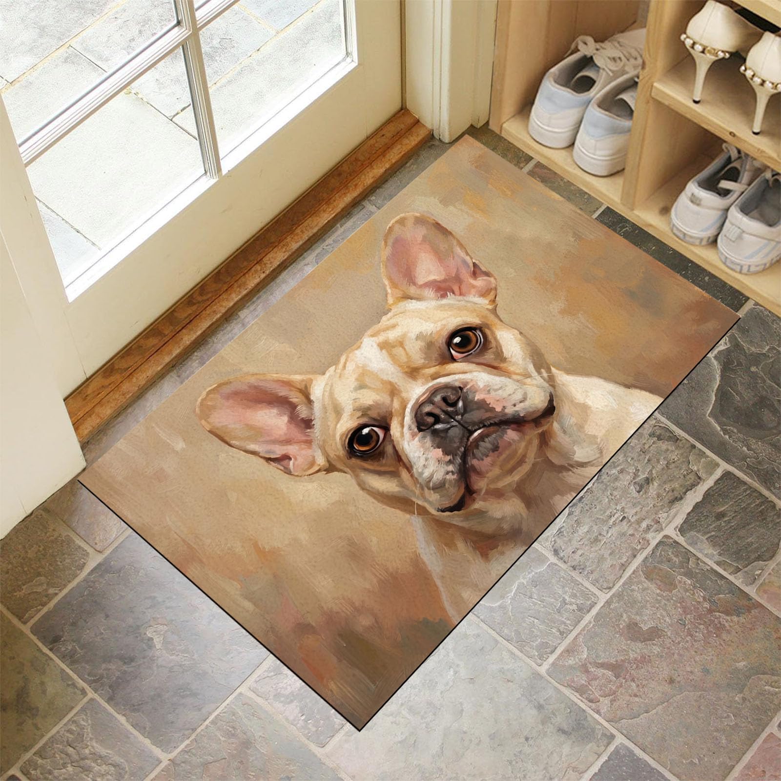 90X150Cm Zerbino Ingresso Interno Antiscivolo Assorbente, Tappeto Microfibra Sottile Lavabile Con Dipinti Antichi Animali Olio Un Adorabile Bulldog Francese Per Cucina Bagno Porta Animali, Marrone
