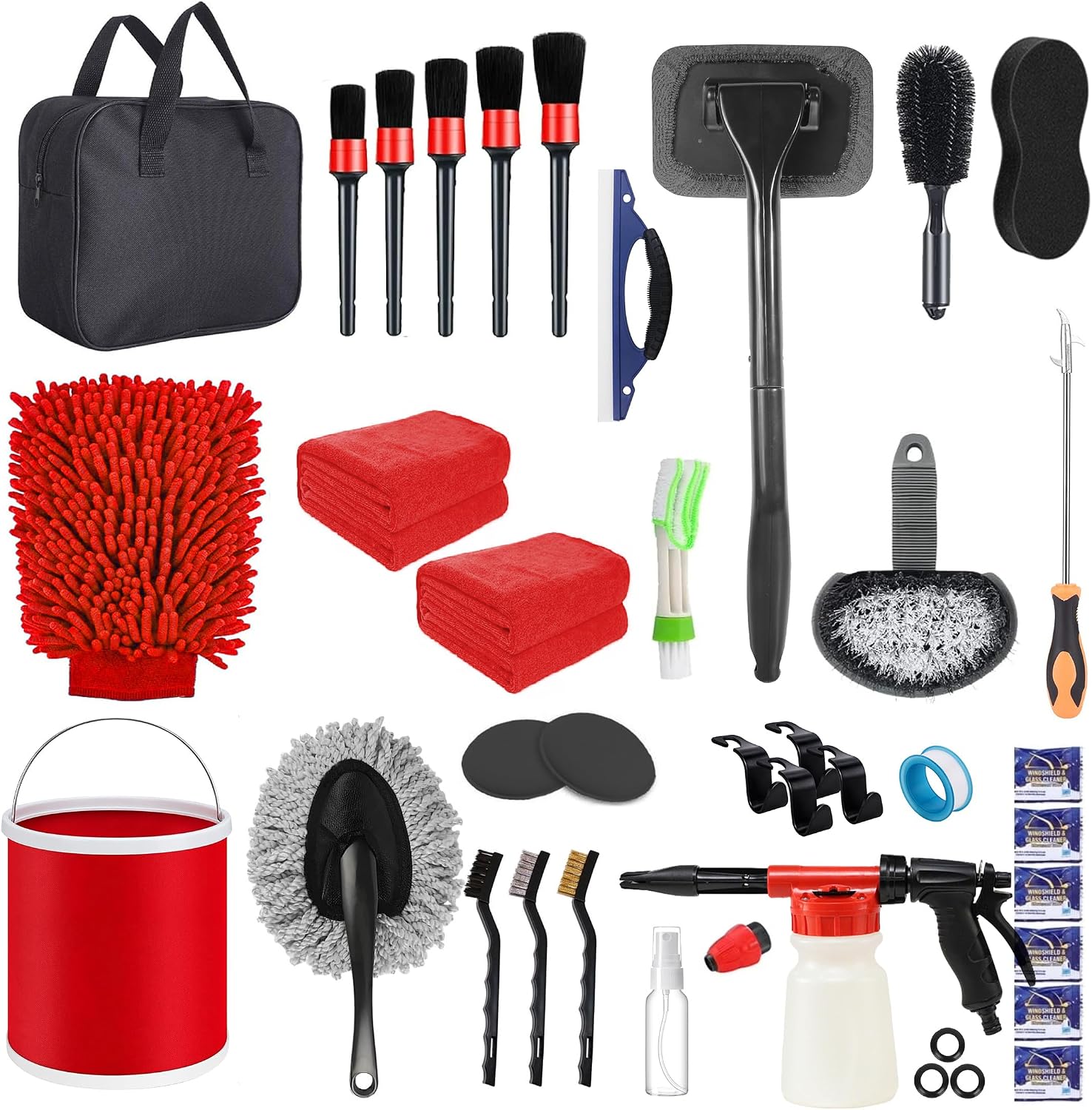 31PCS Beginner Car Detailing Kit with Foam Cannon - Pressure Washer Ready, Interior/Exterior Cleaner for Cars, Wheels | Includes Brushes & Storage Bag.