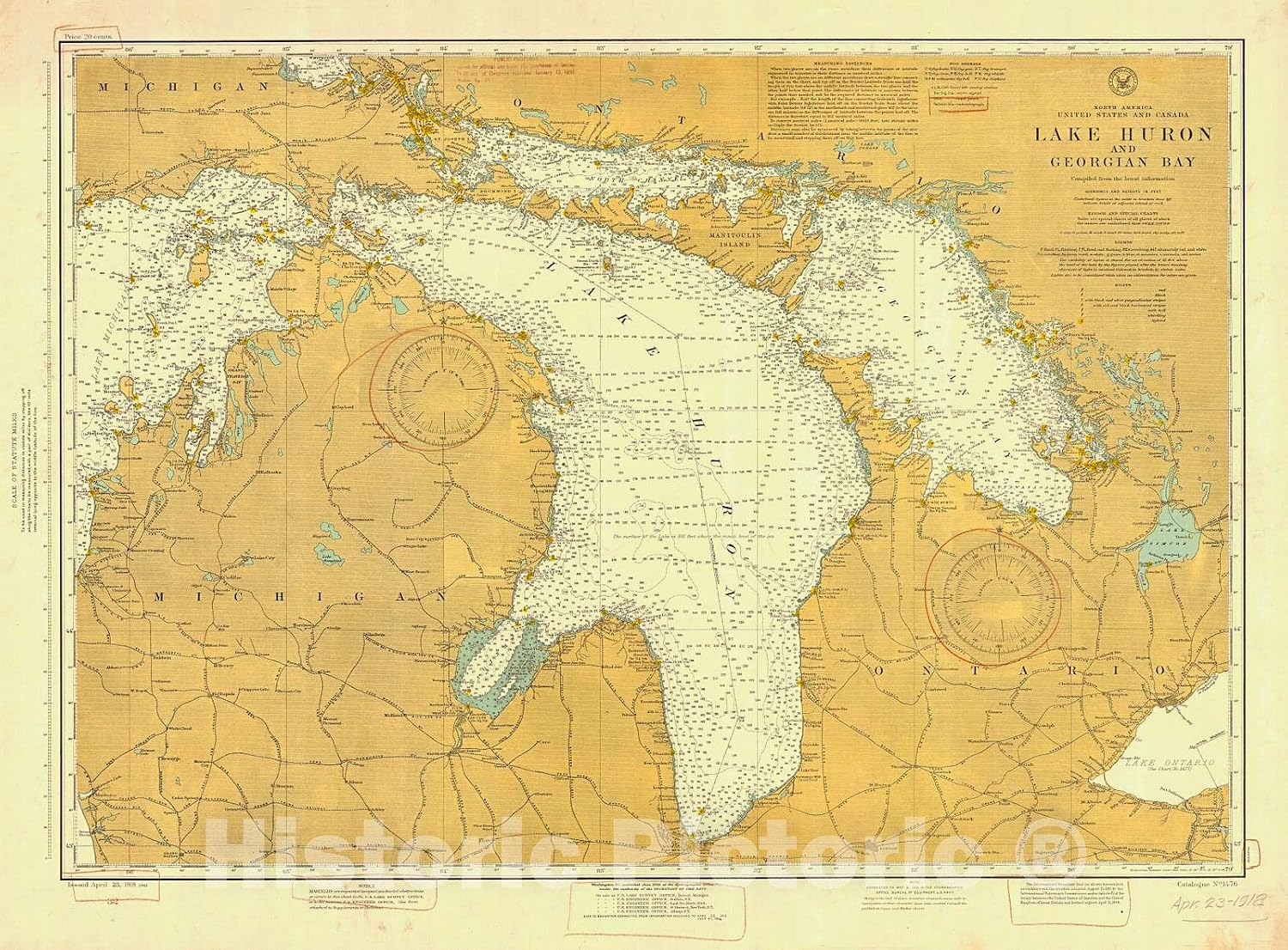 Lake Huron and Georgian Bay 1918 Nautical Chart - Historical Map Print - 24in x 18in