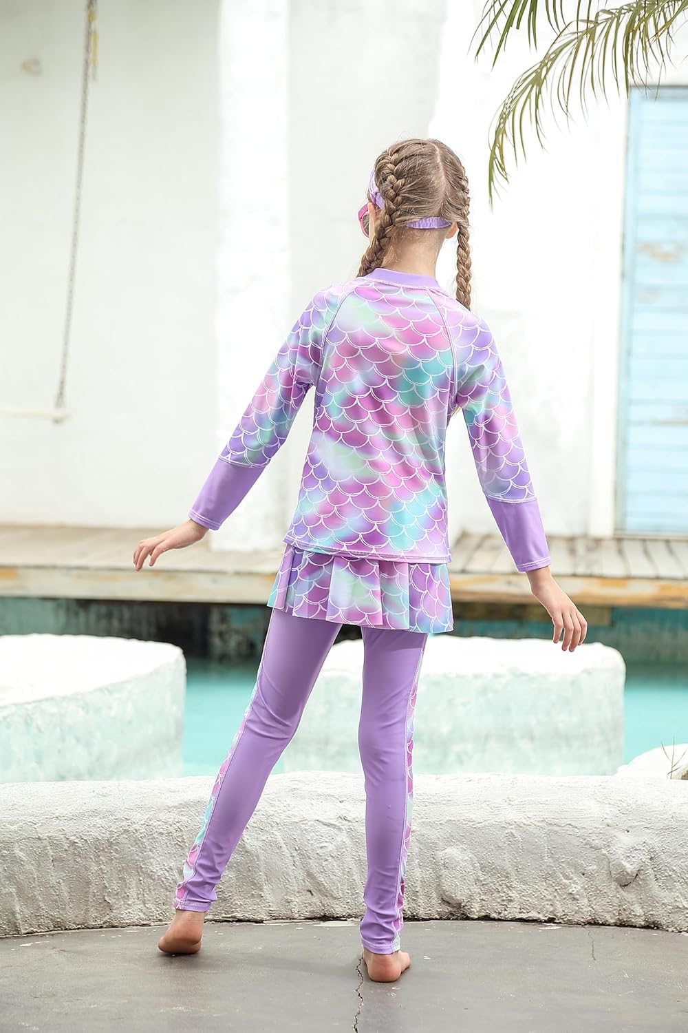 Girls Long Sleeve Rashguard Half Zip Swimsuits UPF 50+ Two Piece Swim Sets with Hairband 5-12Y - Image 5