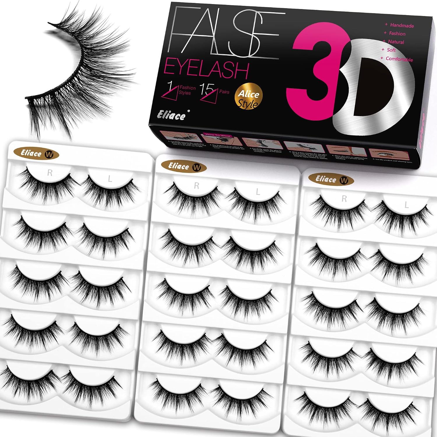 Eliace False Eyelashes Wispy Faux Mink Eyelashes, 3D Volume & Wispiness Lash Extension 14mm Very Light & Comfortable Fake Eyelashes Reusable Eyelashes for Women 15 Pairs | Alice Style