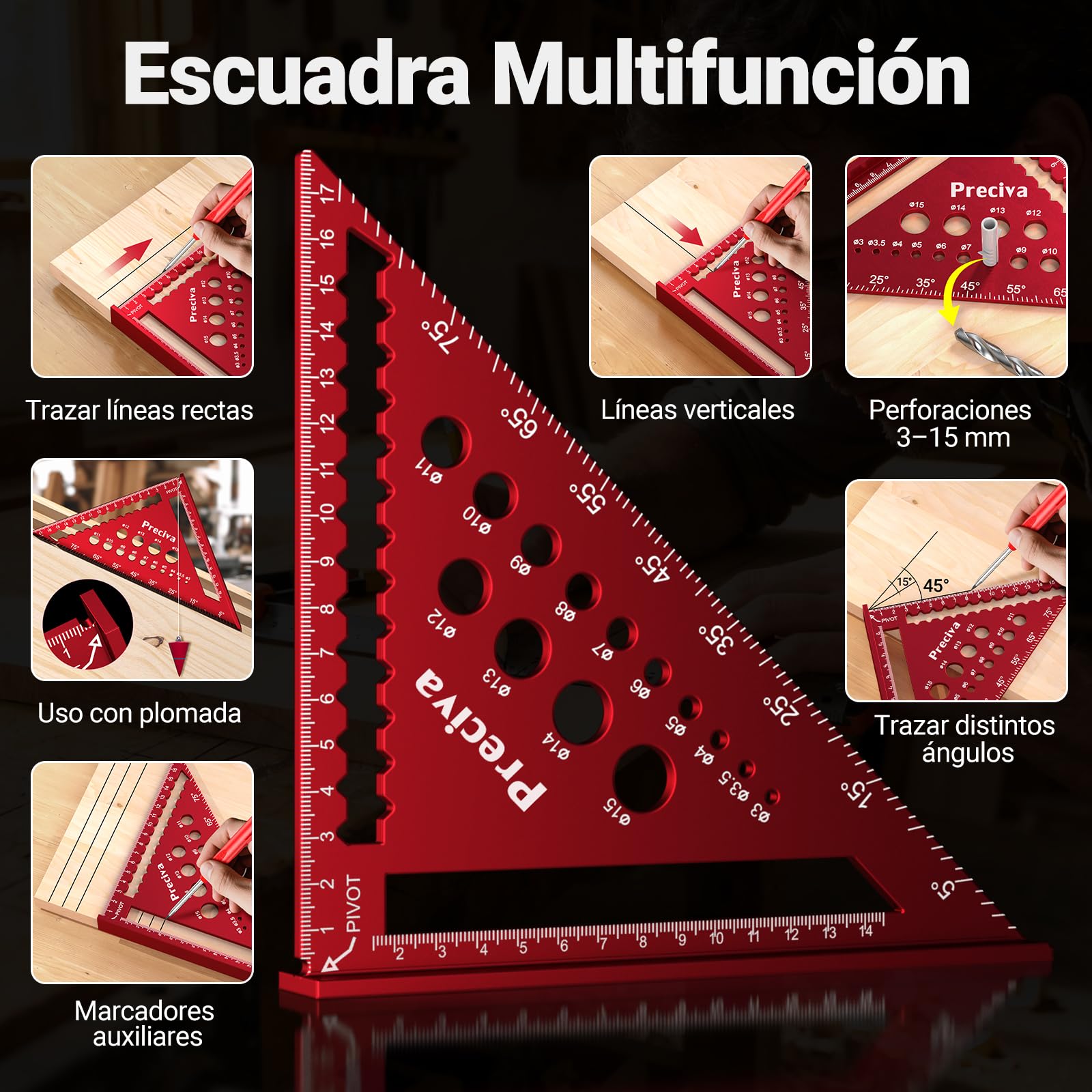 Kit de Carpintería, Escuadra Carpintero Multifuncional, Lápices de Carpintero con Sacapuntas y Estuche, Regla Metálica con Nivel Burbuja para Carpintero, Construcción, Dibujo