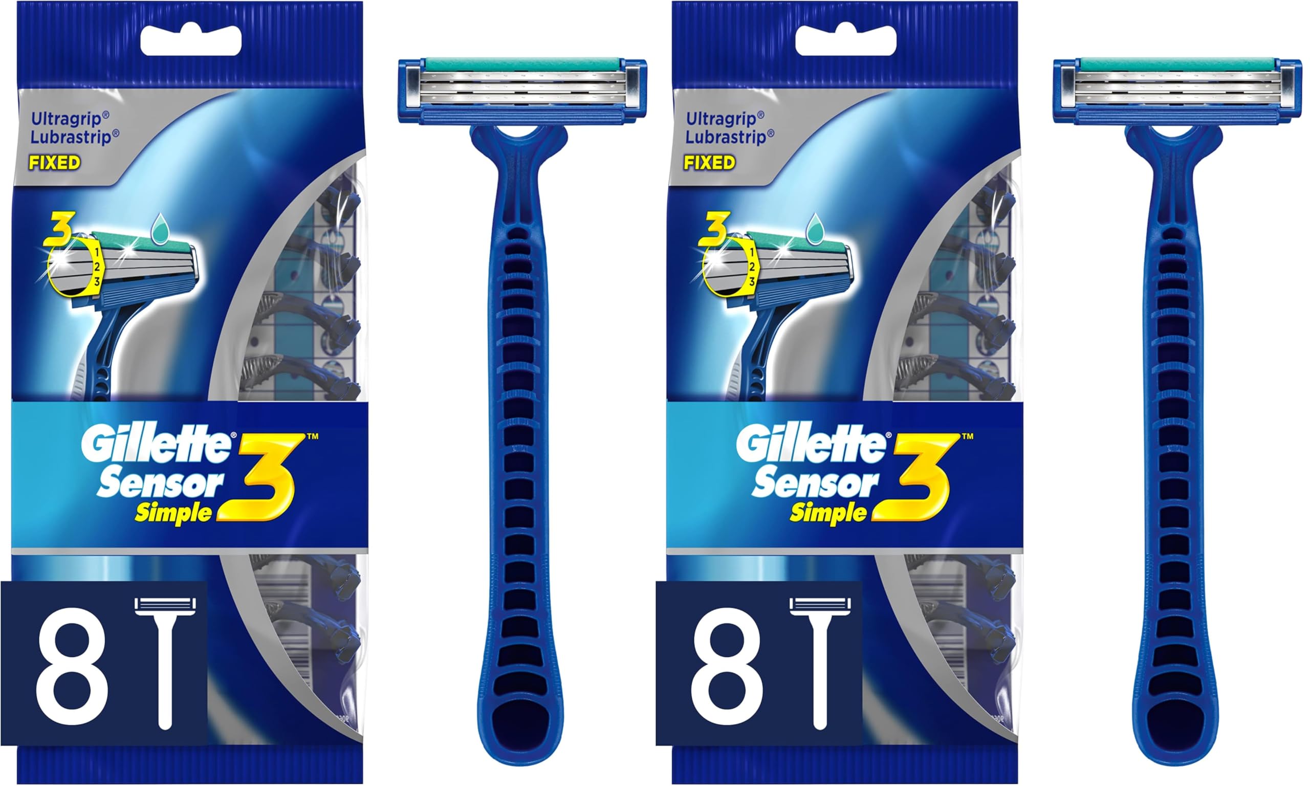 Gillette Sensor3 Simple Mens Disposable Razors 8 Count Pack of 2 Blue