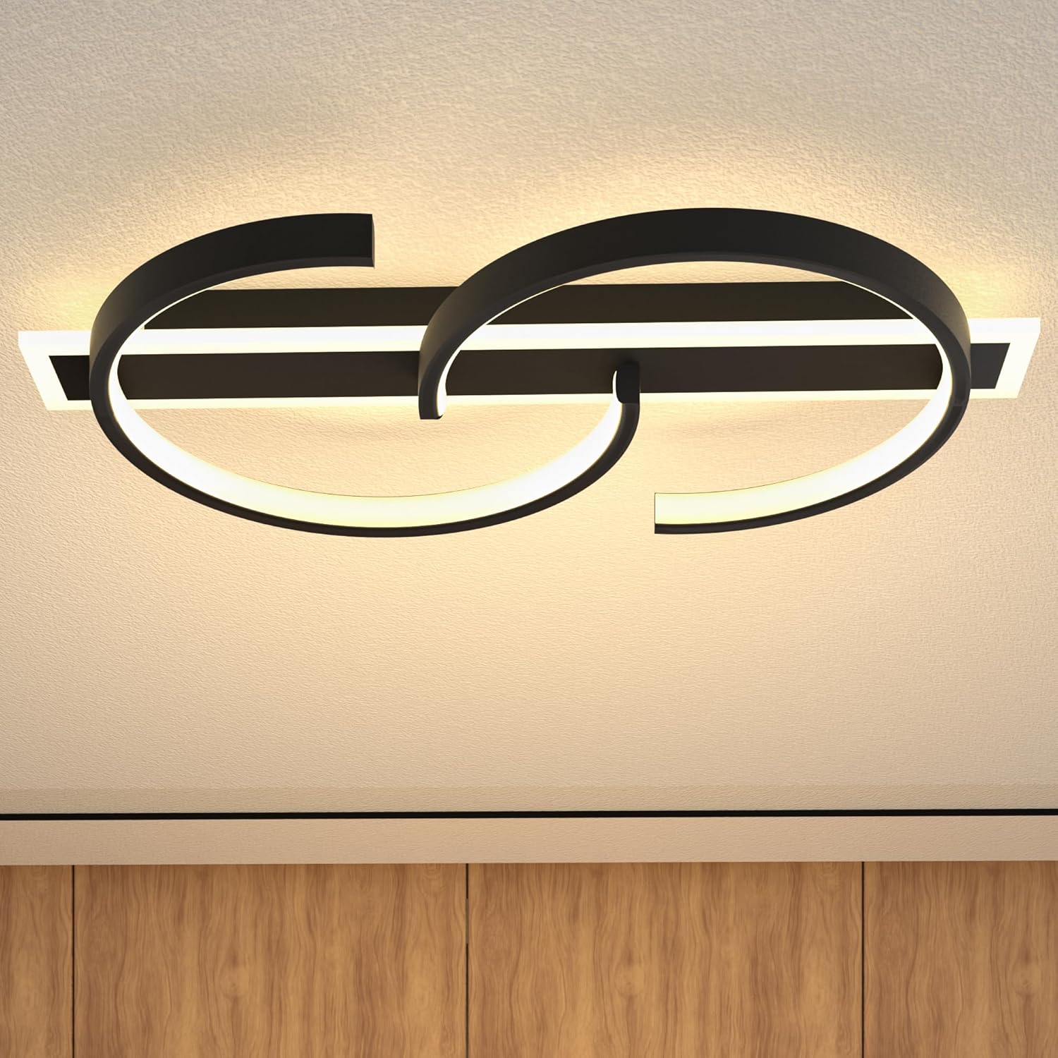 LED Ceiling Light 19.7in 2 Rings Creative Design Modern Dimmable Flush Mount Ceiling Light with Remote Control 45W Matte Black 3000-6000K Bedroom Ceiling Lights for Living Room Dining Room