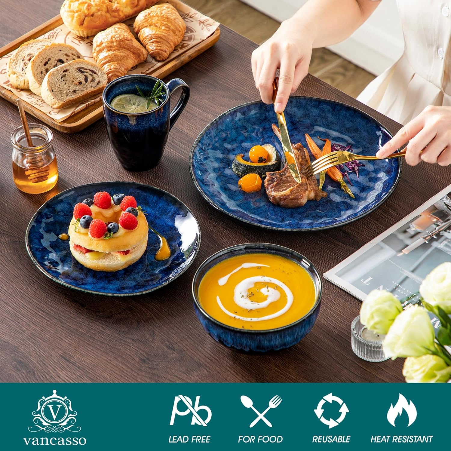 vancasso Starry 16 Pieces Dinnerware Set for 4, Reactive Glaze Blue Stoneware Plates and Bowls Set, Dishes Set with Mugs for 4, Microwave & Dishwasher Safe - Image 3