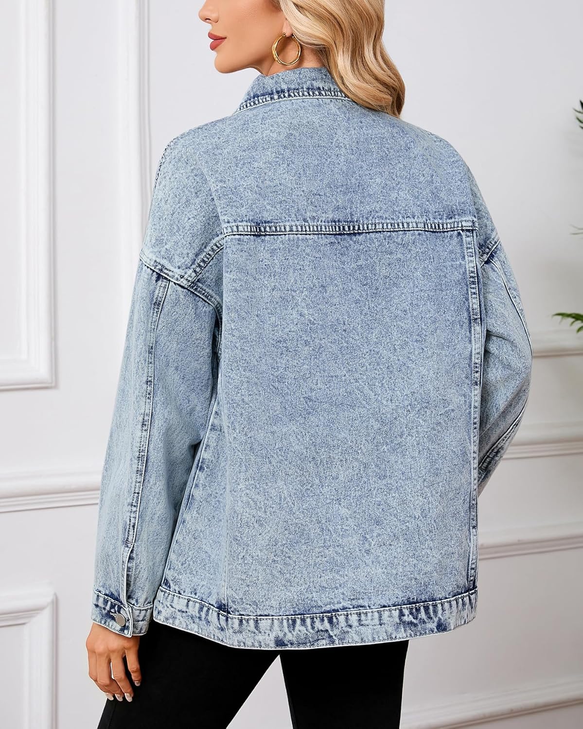 Women's Denim Jacket Long Sleeve Drop Shoulder Button Front Oversized Jean Jacket Coat With Pockets - Image 4