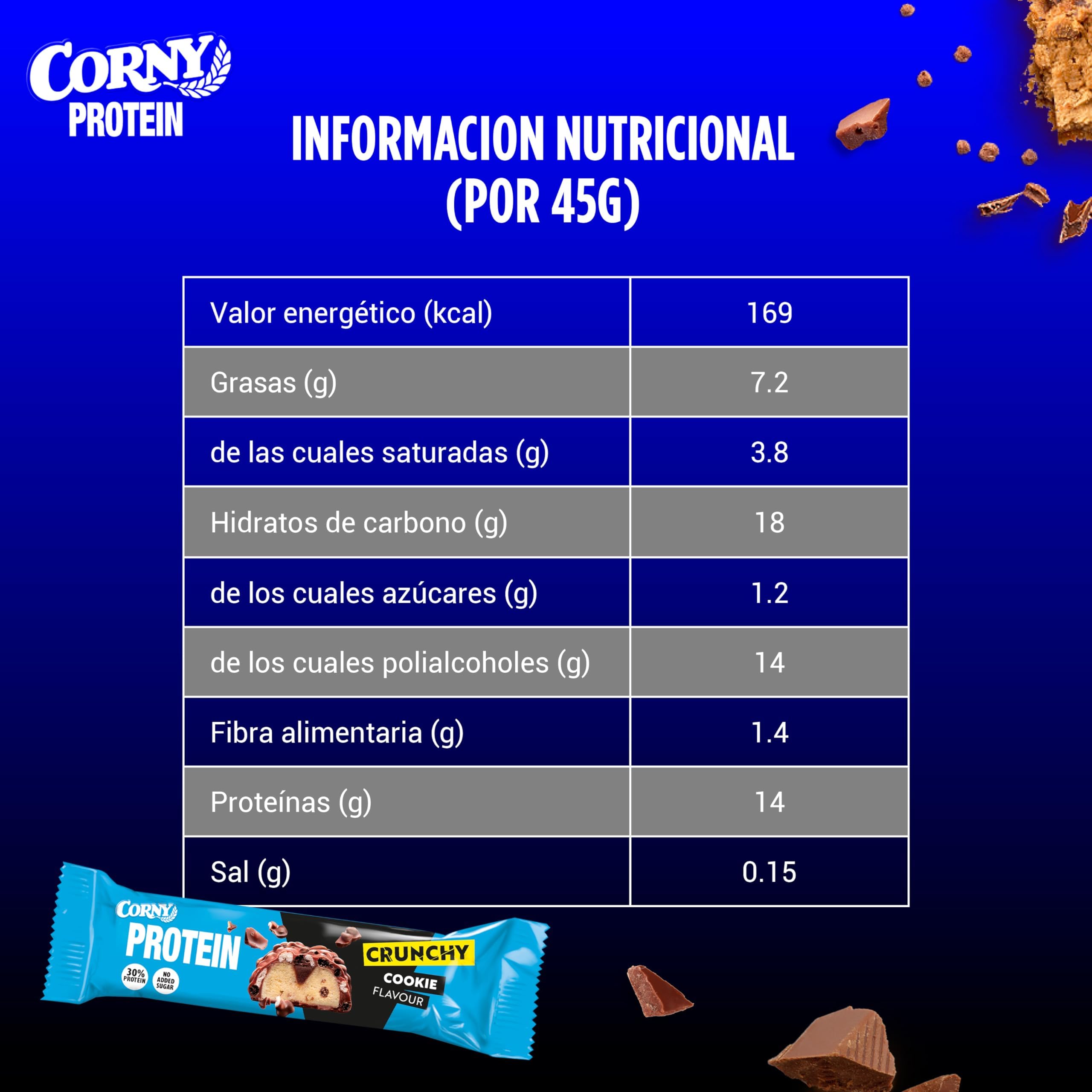 Barritas de Proteínas, Corny Protein,Crunchy Chocolate y Cookies,13,5 gr de Proteínas, 0% Azúcares Añadidos, Ayudan al Desarrollo y Recuperación de la Masa Muscular - Pack 12x45g, Taste the Power