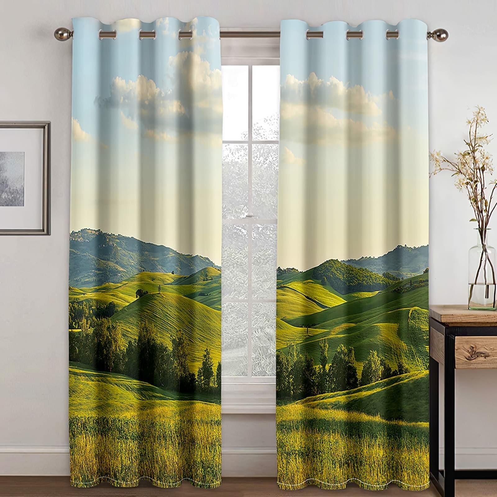 Wycian Küchengardinen Vorhänge Beige Grün 2 Er Polyester Hügel und Grasland H274 X B152Cm für Schlafzimmer