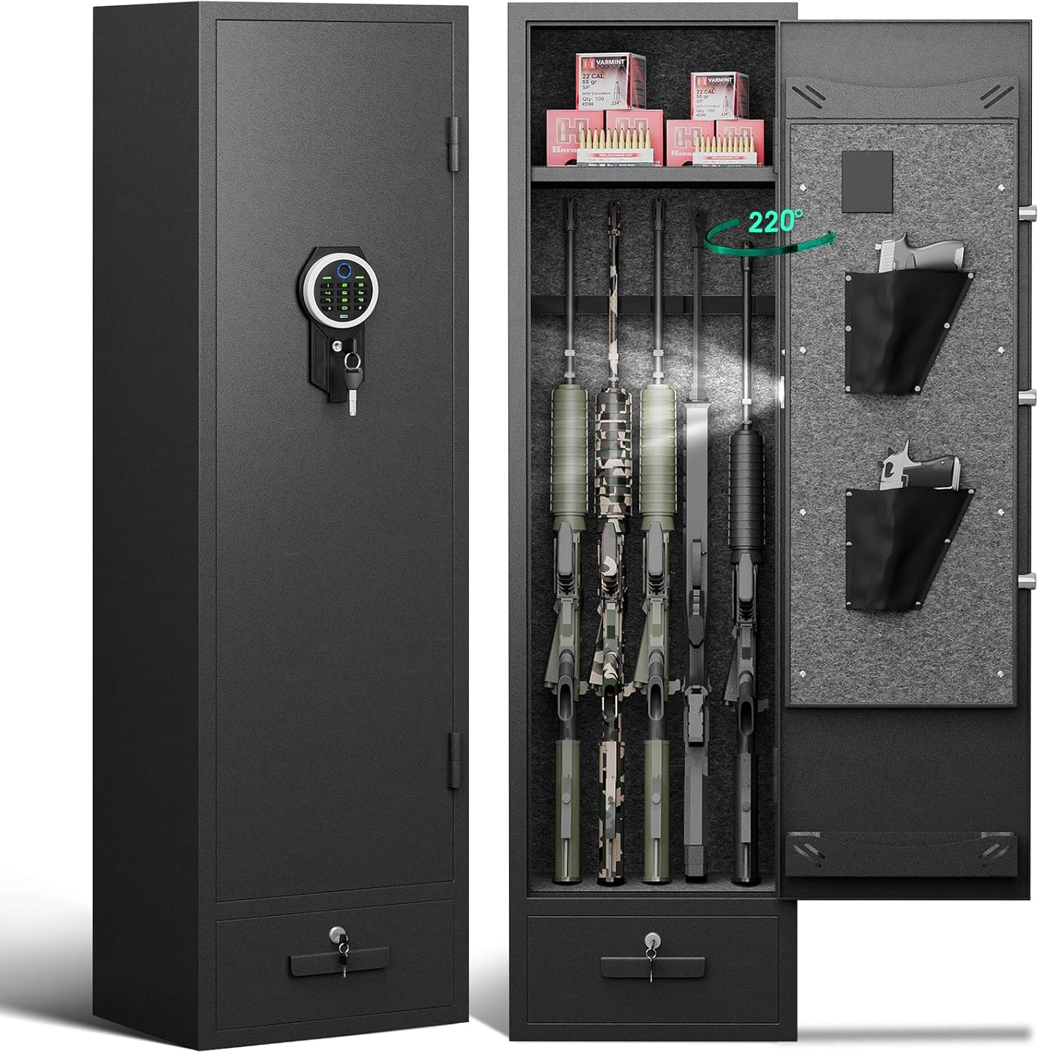 Gun Safe, Rifle Gun Safe, Gun Safes for Home Rifle and Pistols, Quick Access Gun Cabinets with LED Light, Rifle Safe with Adjustable Gun Rack and Removable Shelf