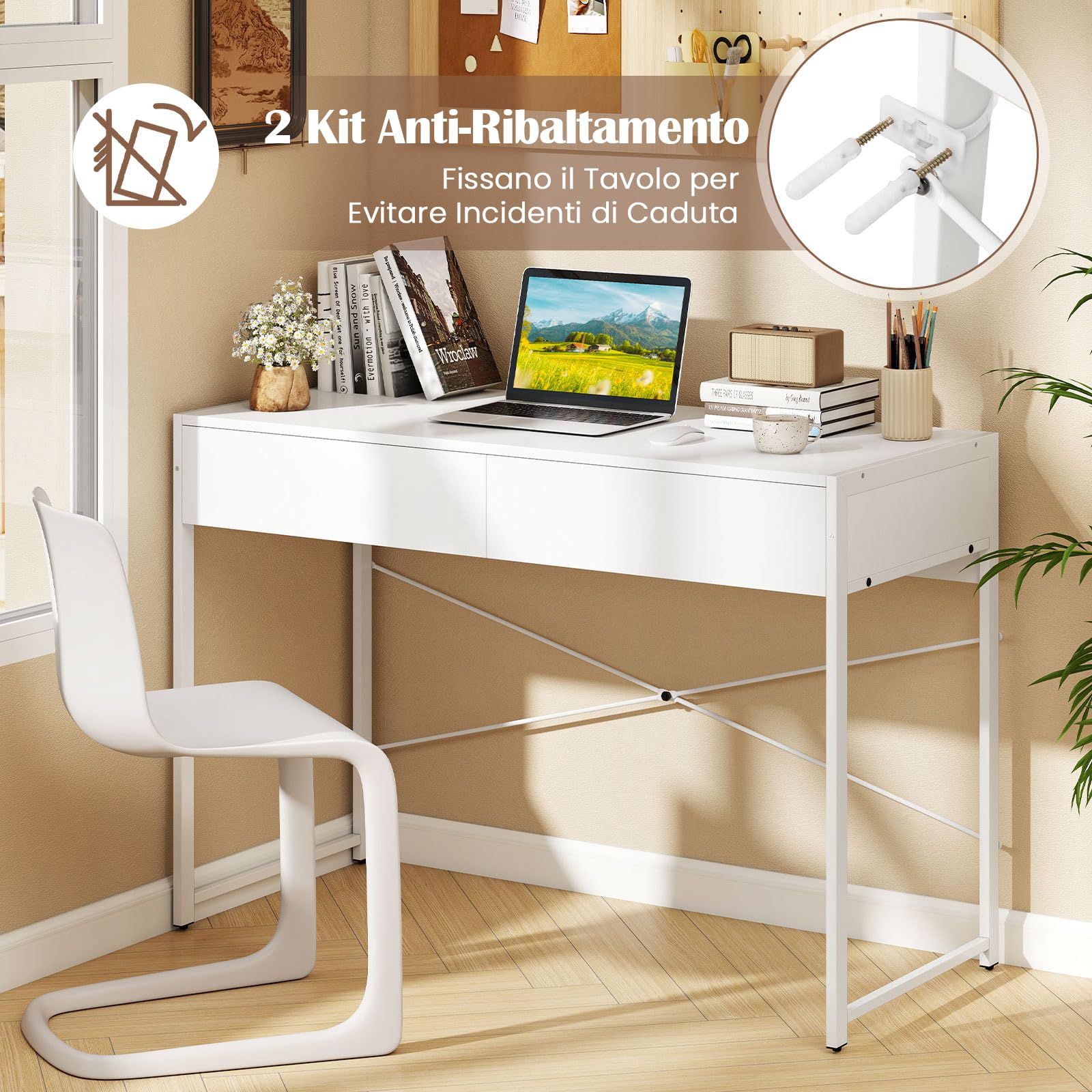 COSTWAY Scrivania per Computer con 2 Cassetti, Scrivania Porta PC con Telaio in Metallo e Legno, Posizione da Lavoro per Studio e Ufficio, Portata 100 kg, 112 x 48 x 76 cm (Bianco)